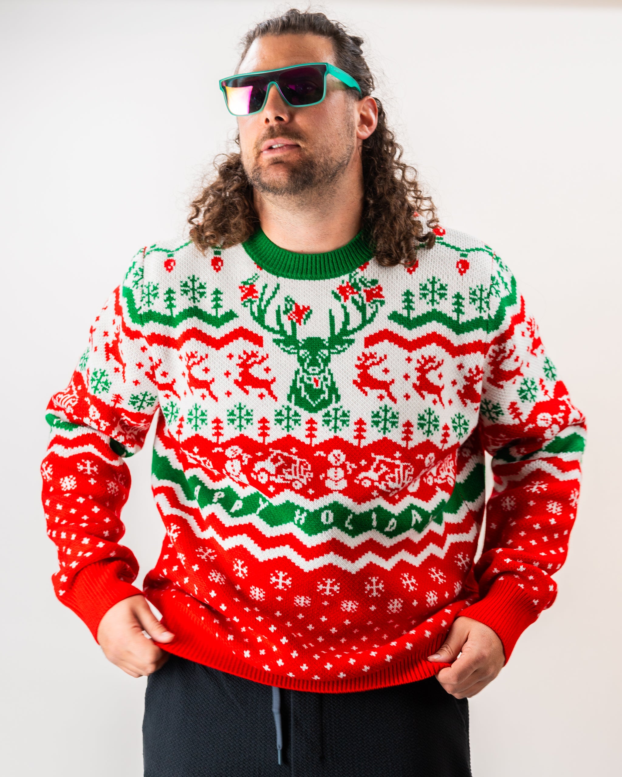 "Pins & Aces Ugly Sweater 2024 featuring a festive design with vibrant colors and holiday-themed graphics."