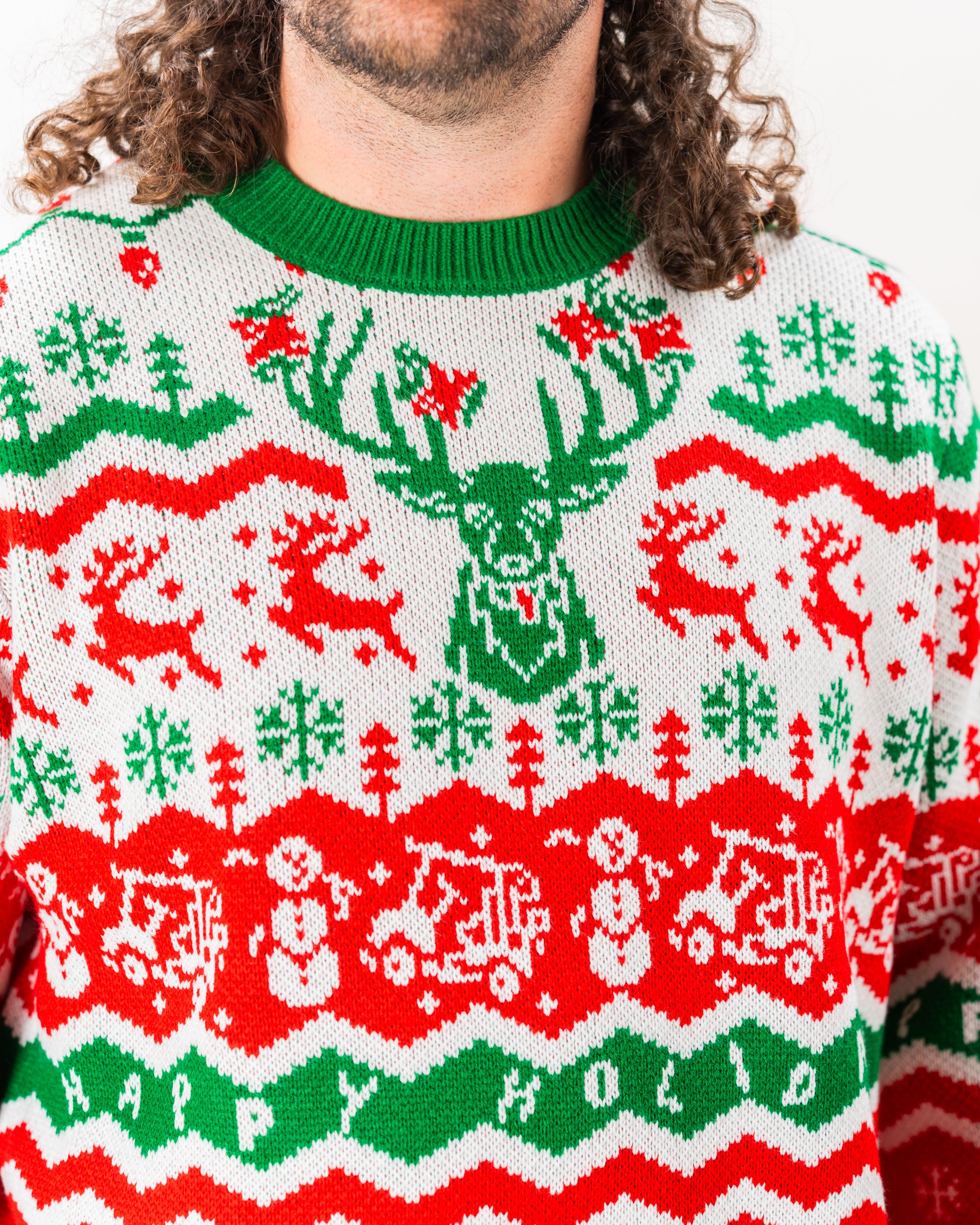 "Pins & Aces 2024 Ugly Christmas Sweater featuring a festive design with golf-themed patterns and vibrant colors."
