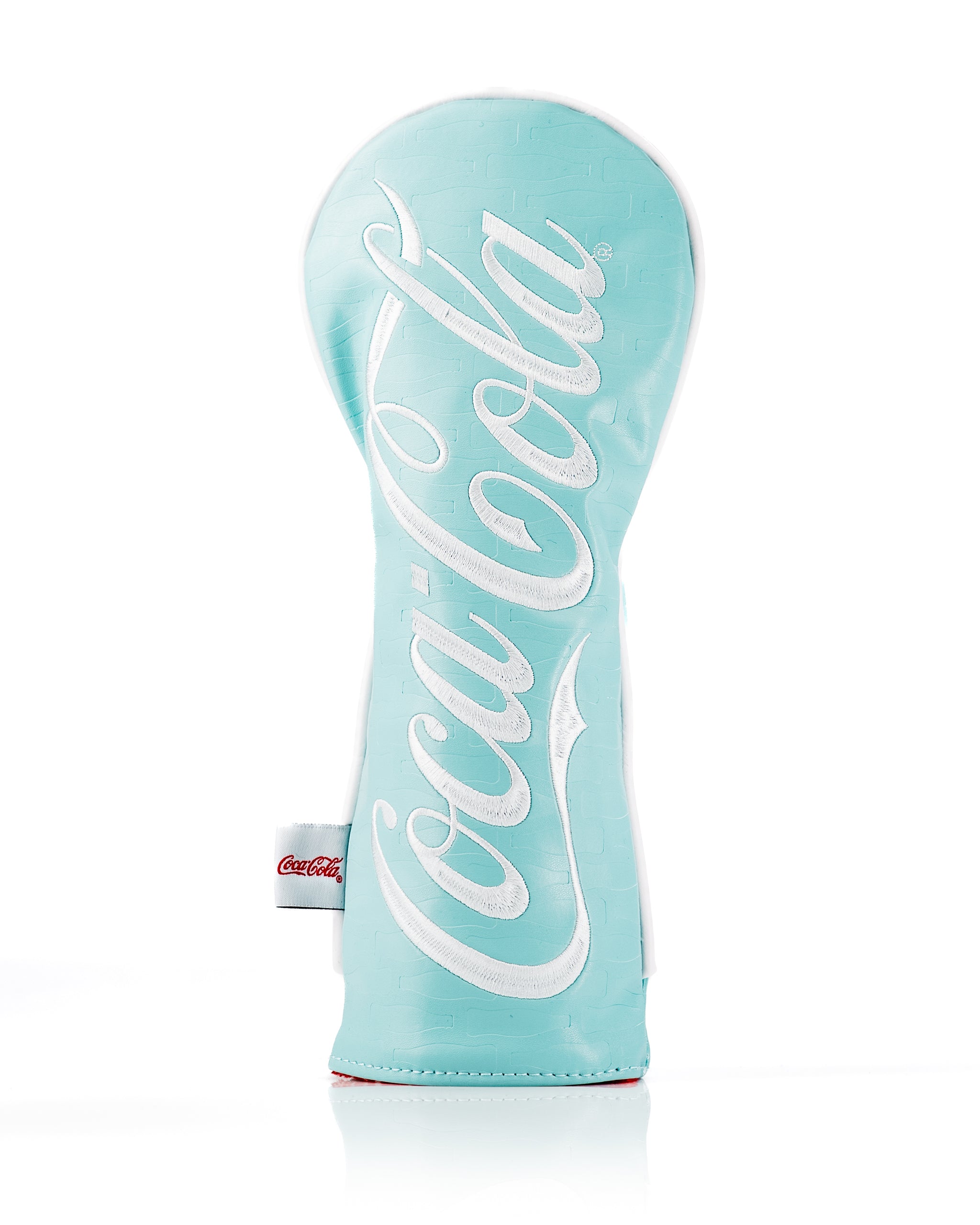 Coca-Cola fairway cover featuring a light blue design with the iconic logo, perfect for stylish golfers.