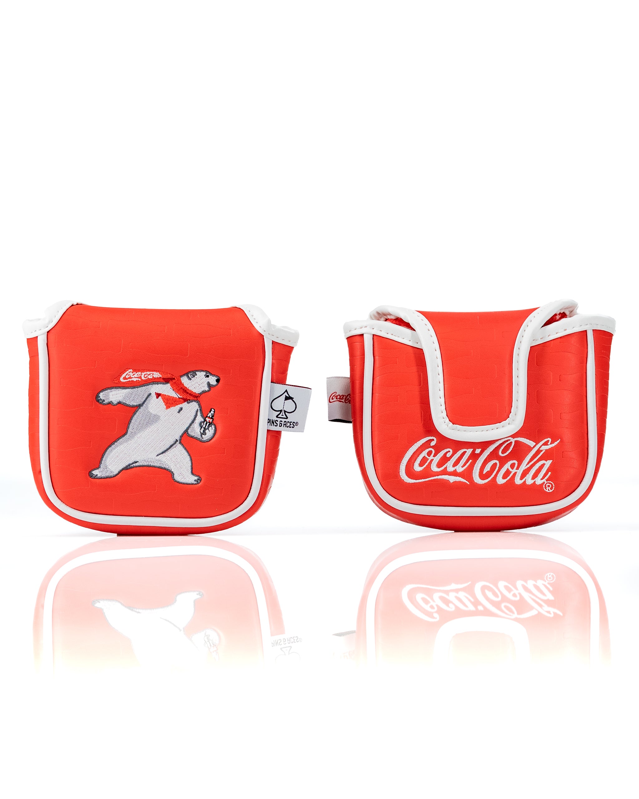 Coca-Cola mallet putter cover featuring a playful polar bear design and vibrant red color, perfect for golfers.