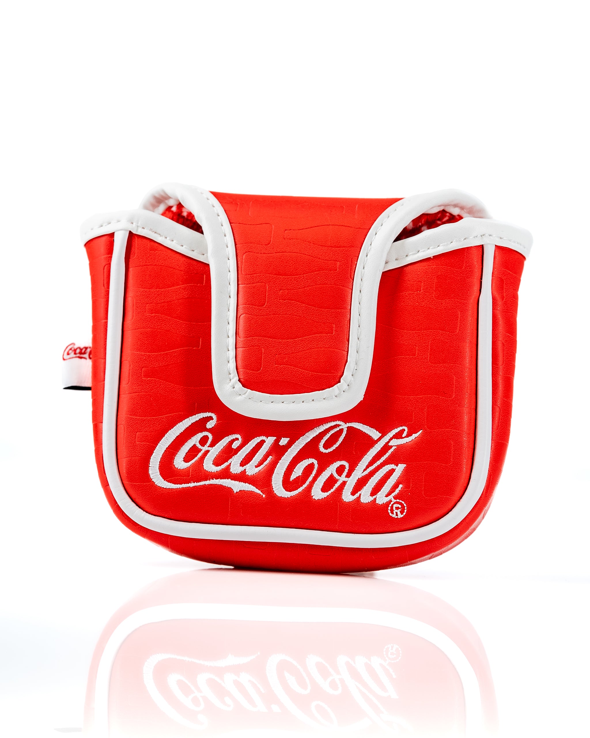 Coca-Cola mallet putter cover in vibrant red with white accents and logo, designed for stylish golf protection.
