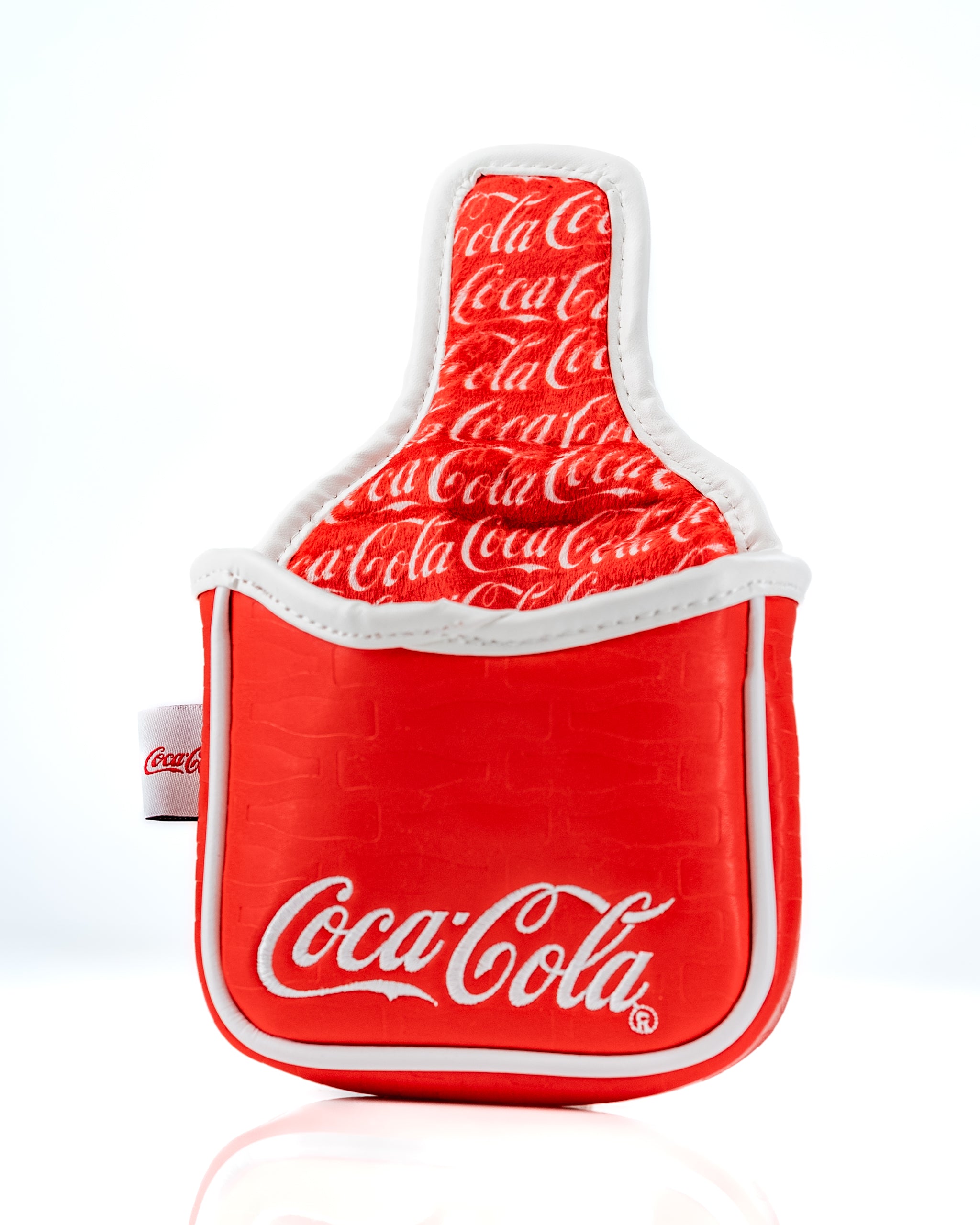 Coca-Cola mallet putter cover in vibrant red with white logo and patterned interior, perfect for stylish golfers.
