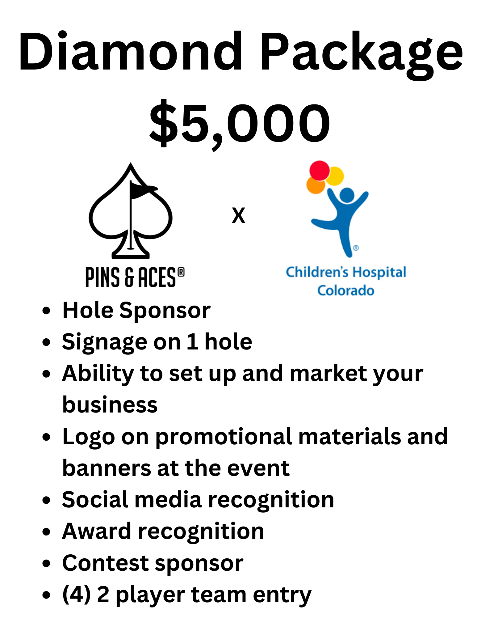 Gold package promotional image for Pins and Aces x Children's Hospital NICU Golf Tournament on June 2nd.