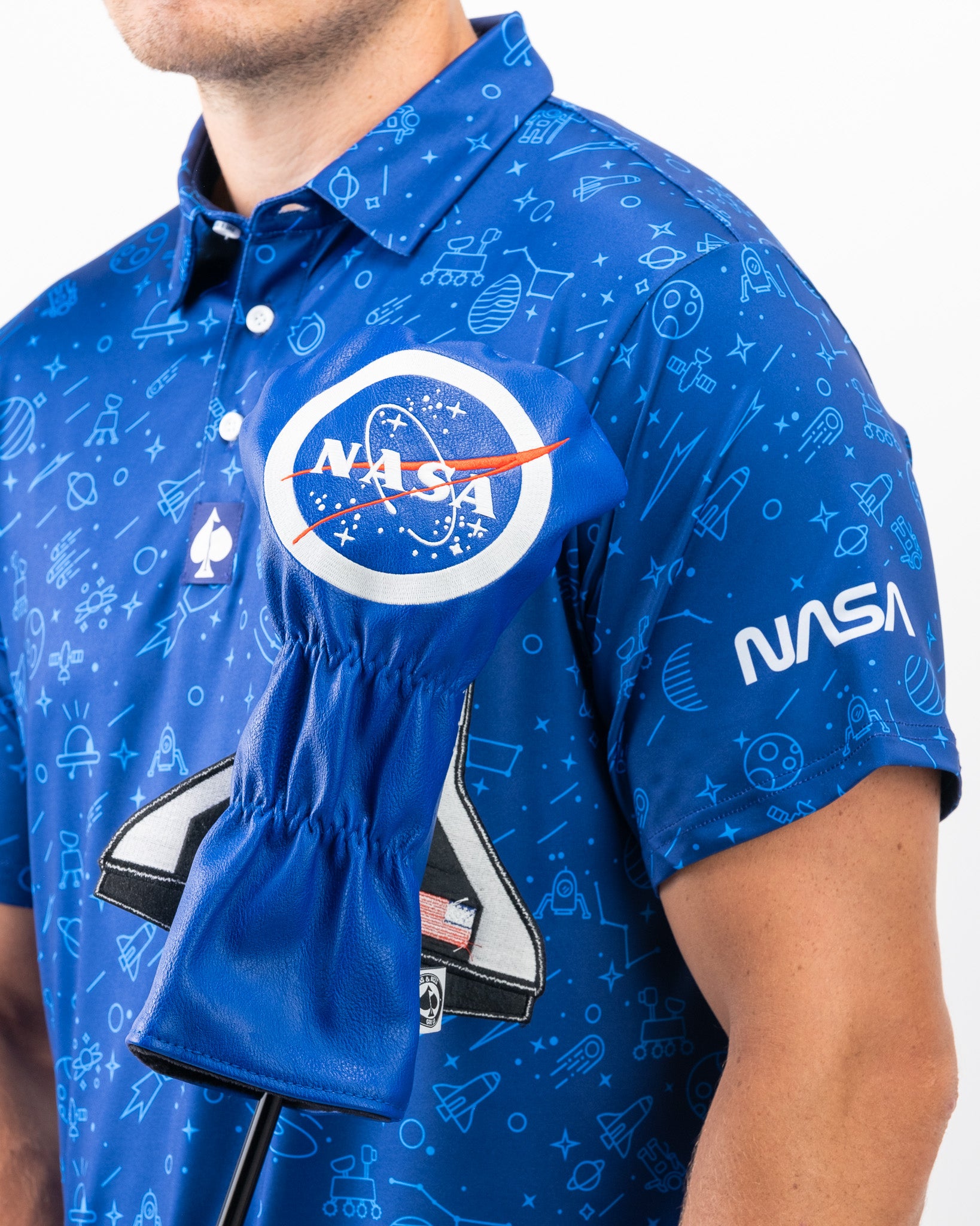 Men's NASA polo shirt featuring a classic collar and embroidered NASA logo on the chest.
