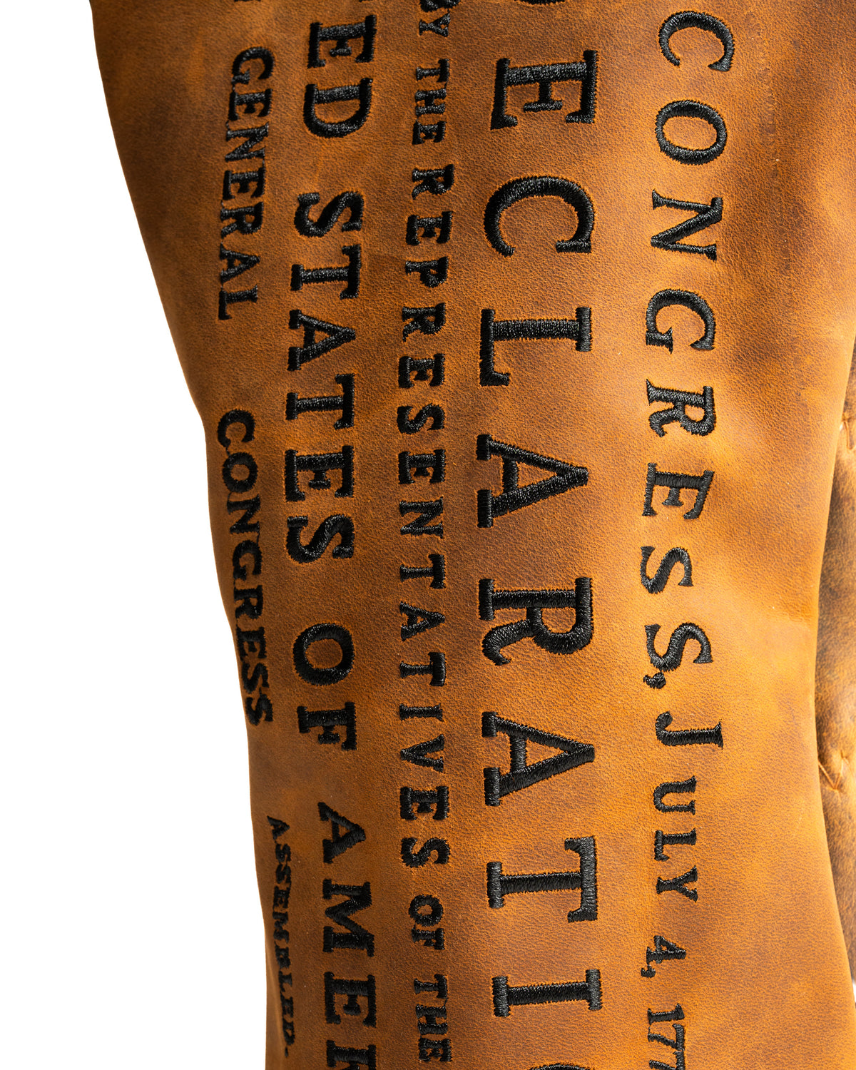 Bold leather driver cover featuring the text of the Declaration of Independence, perfect for standout golf style.