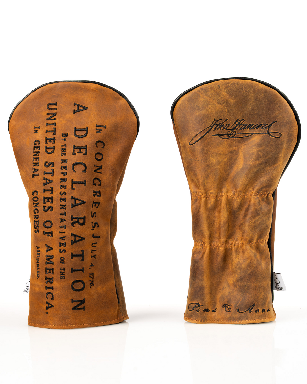 Leather driver cover with a vintage design featuring the text "A Declaration" and John Hancock's signature, perfect for golfers.