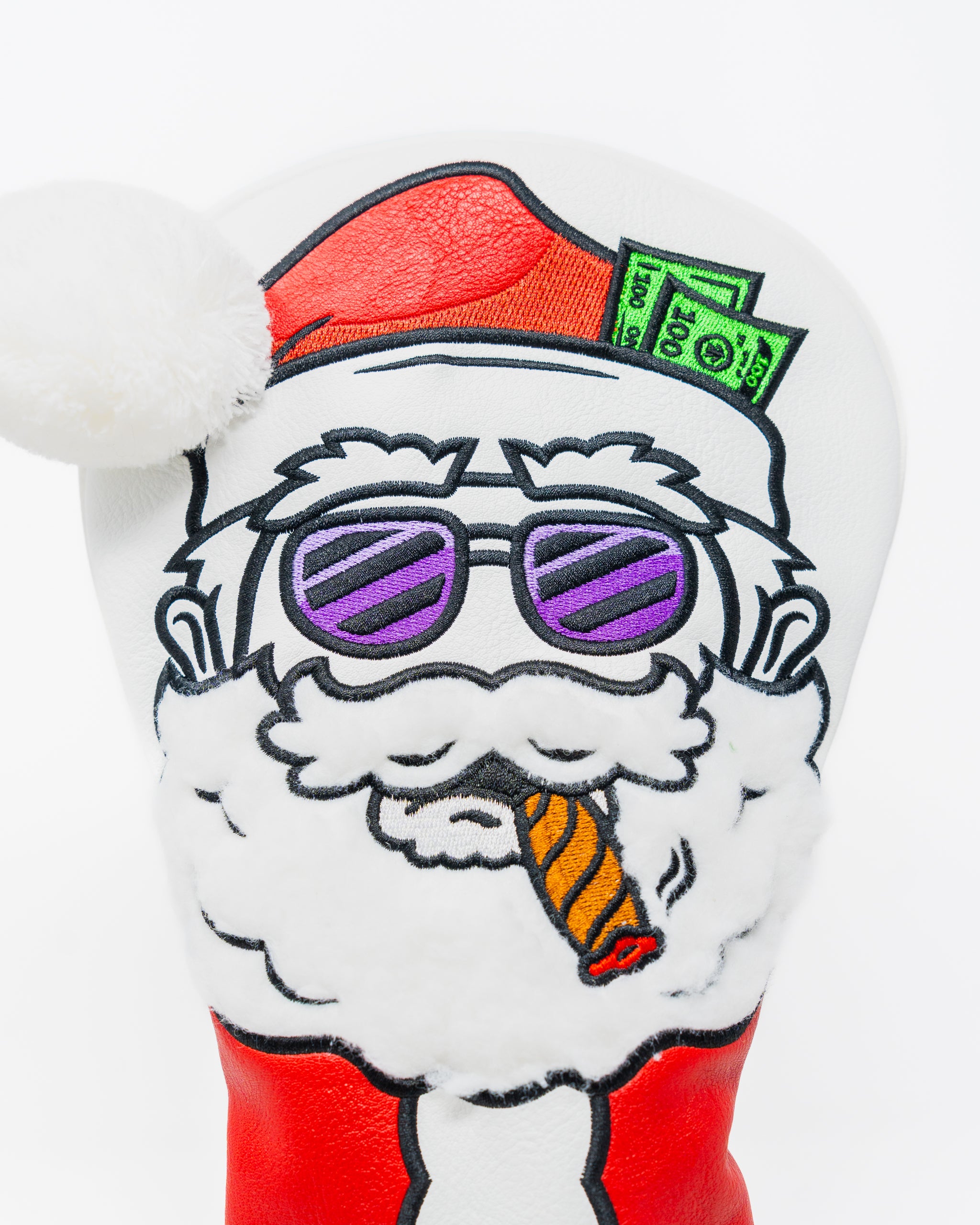 Santa Degenerate driver cover featuring a playful Santa design with oversized hat and jolly expression, perfect for adding personality to your golf game.