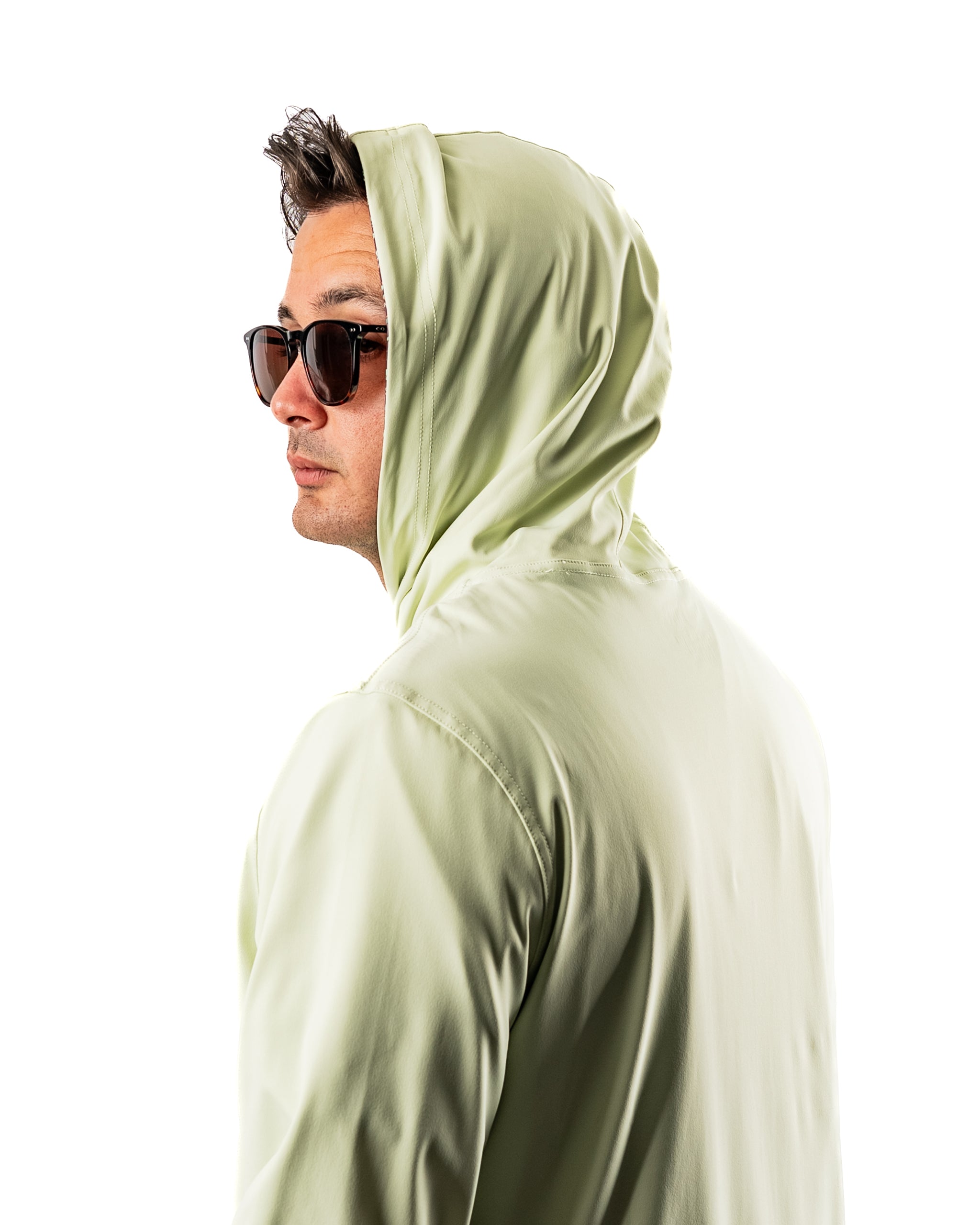 Men's performance golf hoodie in desert sage, featuring a relaxed fit and a hood, ideal for stylish comfort on the course.