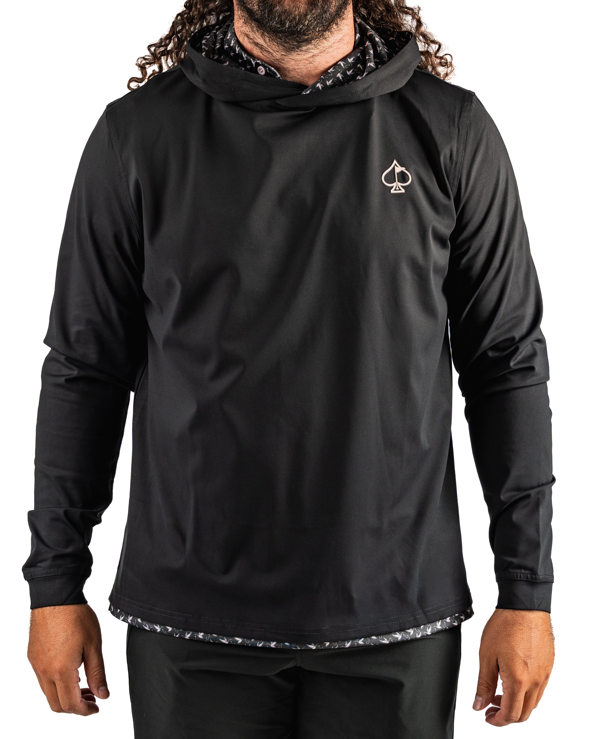 Men's black performance golf hoodie featuring a stylish duck hook design and a spade logo on the chest. Ideal for golfers.