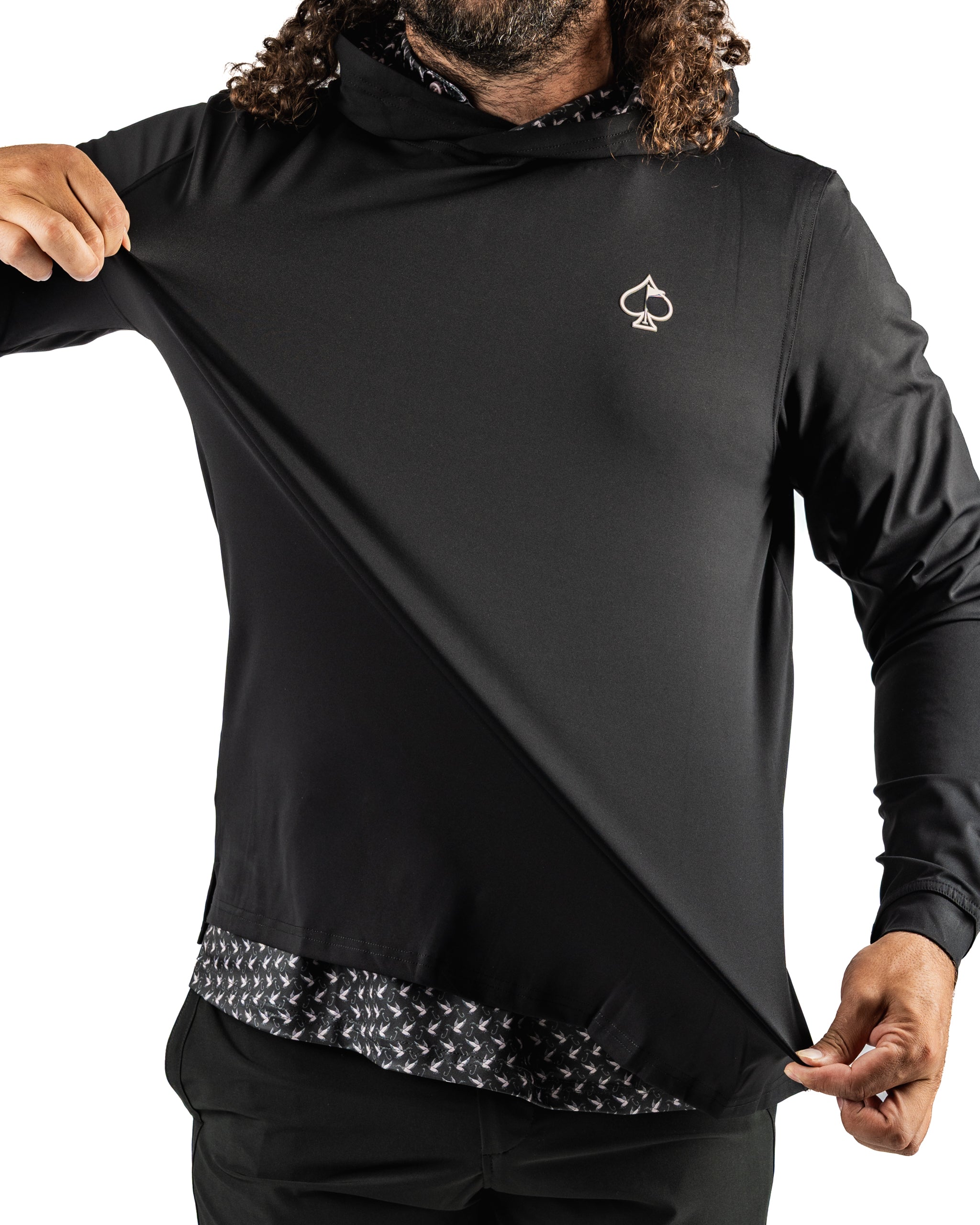 Men's black performance golf hoodie featuring a stylish spade logo, designed for comfort and style on the course.