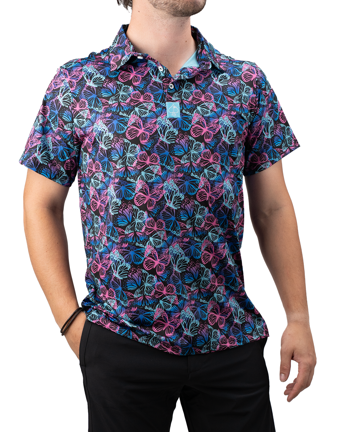 Men's golf polo shirt featuring a vibrant butterfly print in pink and blue against a black background, perfect for a bold look on the course.
