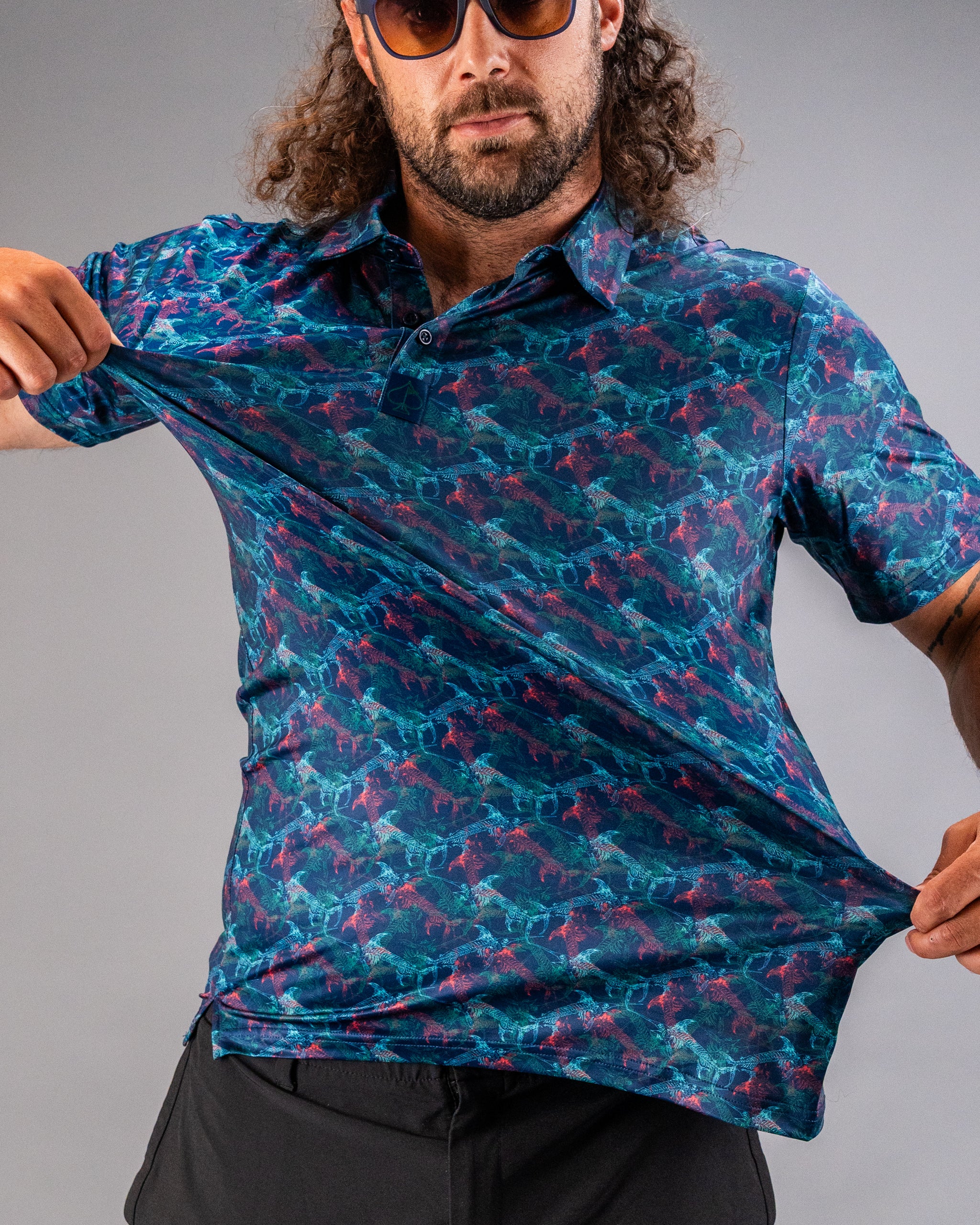 Bold Swordfish Skelly golf polo featuring a vibrant fish pattern, perfect for stylish golfers looking to stand out.
