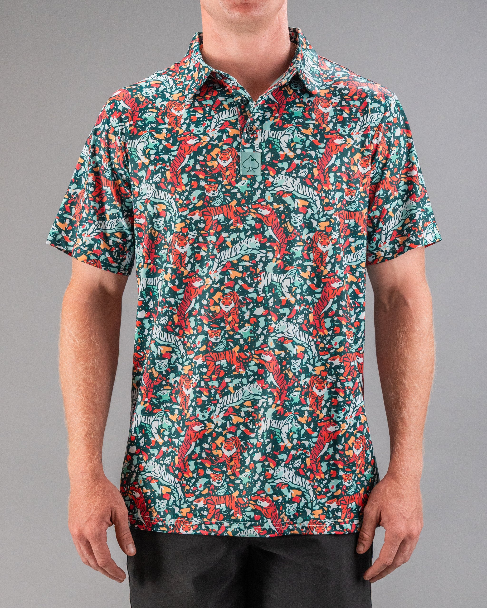 Bold teal golf shirt featuring a vibrant tiger and floral pattern, perfect for golfers looking to make a statement on the course.