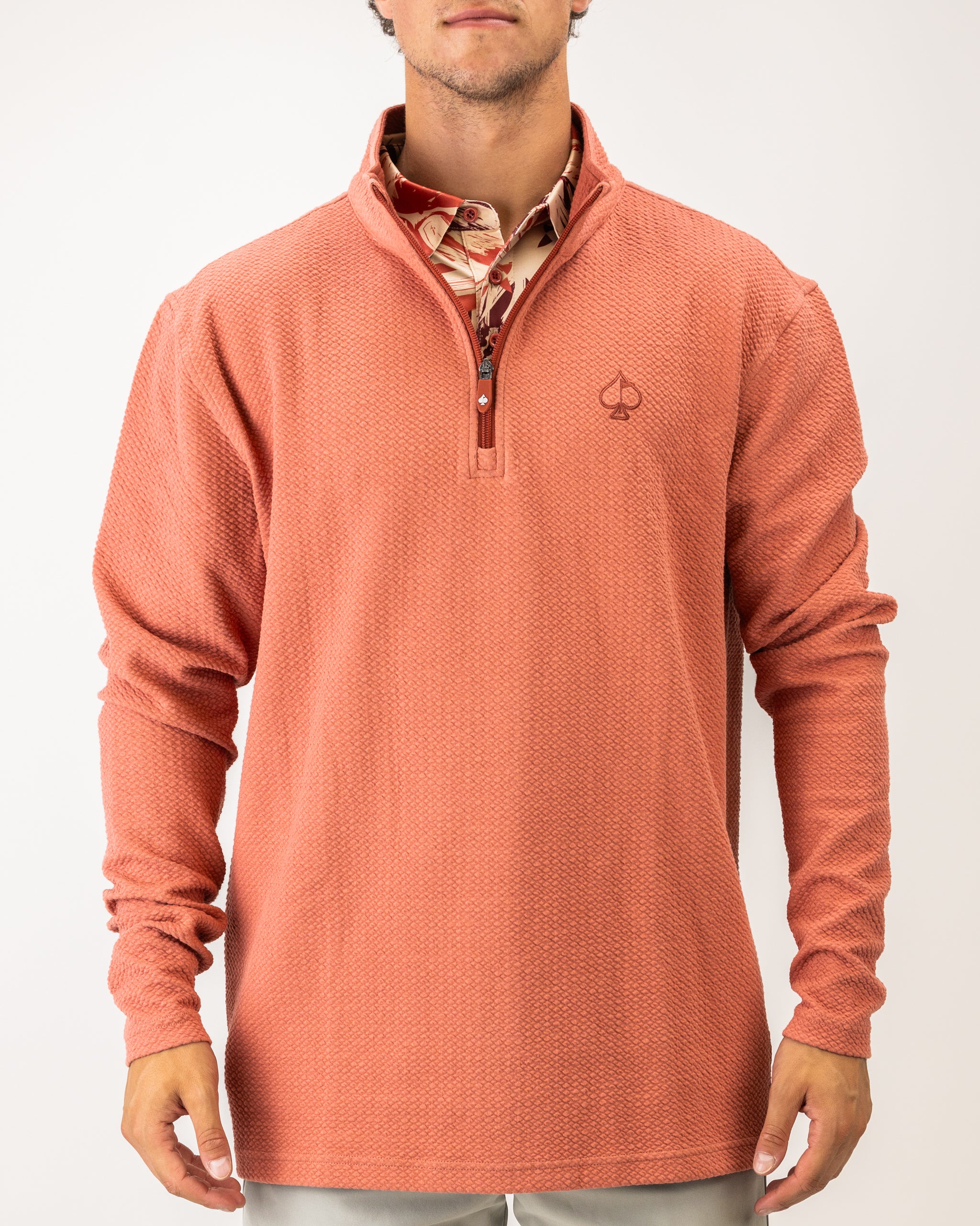 Terracotta Player Preferred™ waffle knit pullover on a white background.