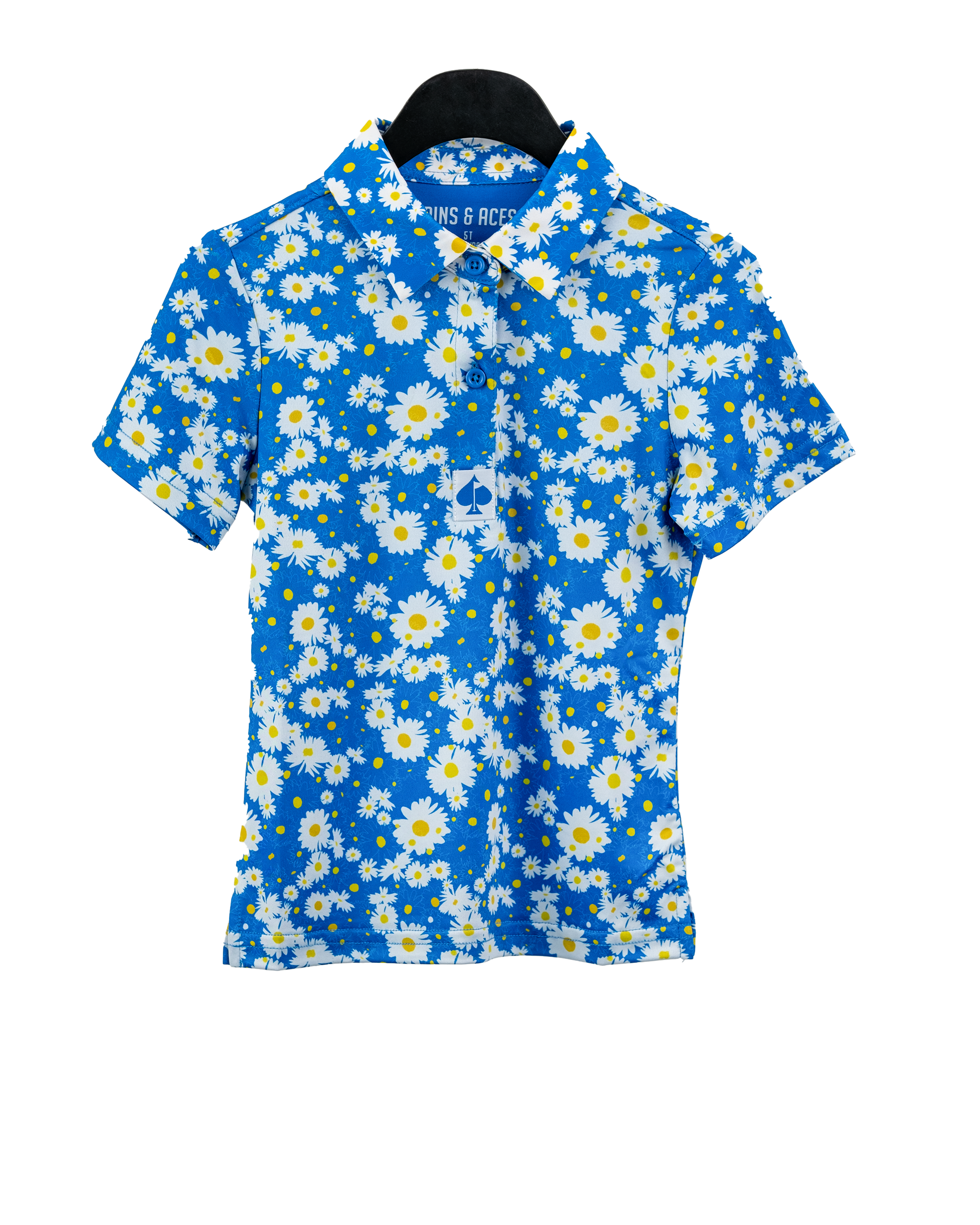 Youth girls' polo shirt featuring a daisy print with a vibrant color scheme.