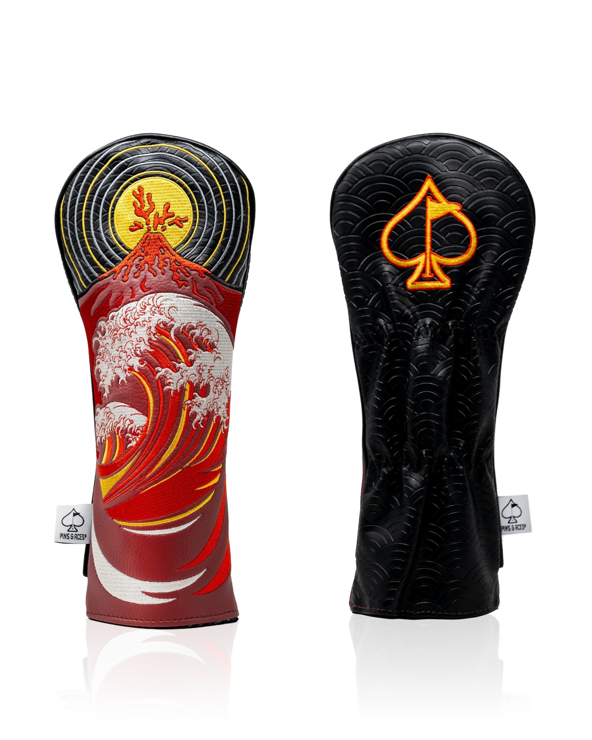 Bold Fire & Fury fairway cover featuring a vibrant wave design and a sleek black back with an embroidered logo.