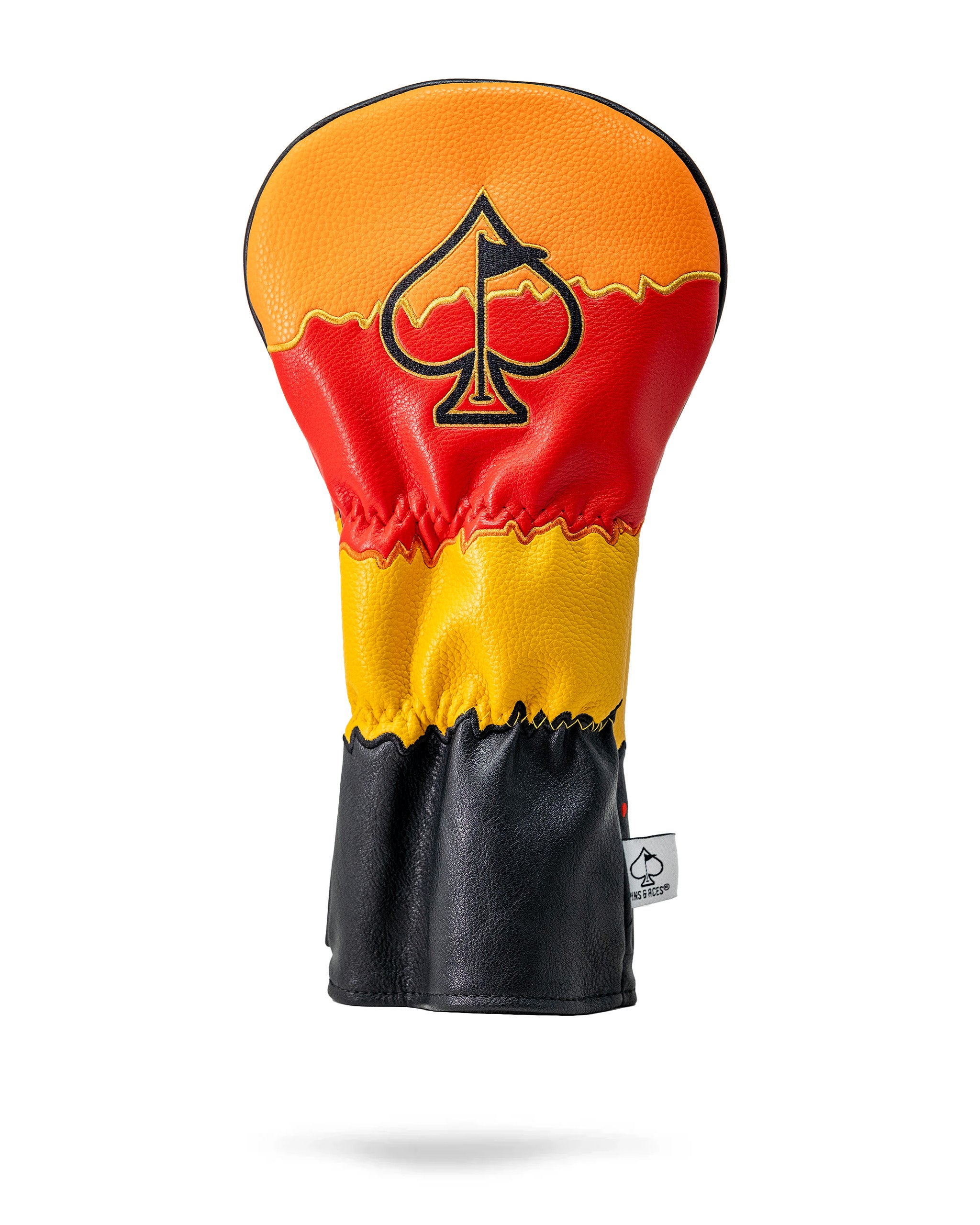Golf driver cover featuring a fiery Flamin' Hot Cheaters design with red, yellow, and black colors and a spade logo.