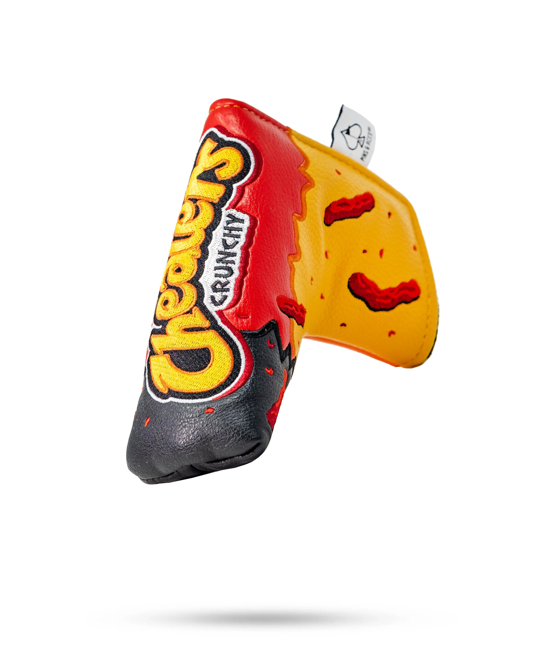 Flamin' Hot Cheaters Blade Putter Cover featuring spicy hot cheetos design with bold colors and branding.