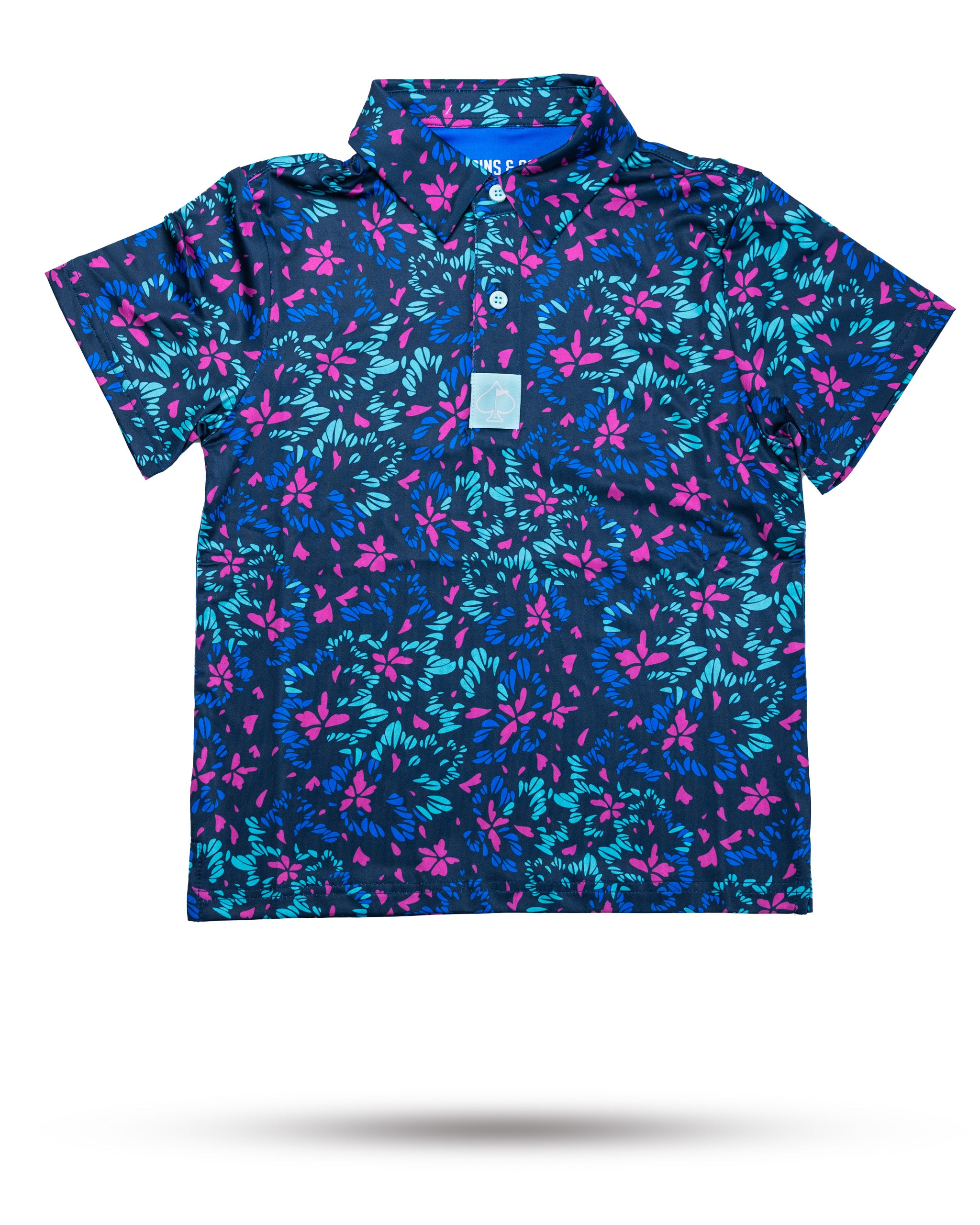 Youth fluorescent floral polo shirt featuring vibrant colors and a stylish design.