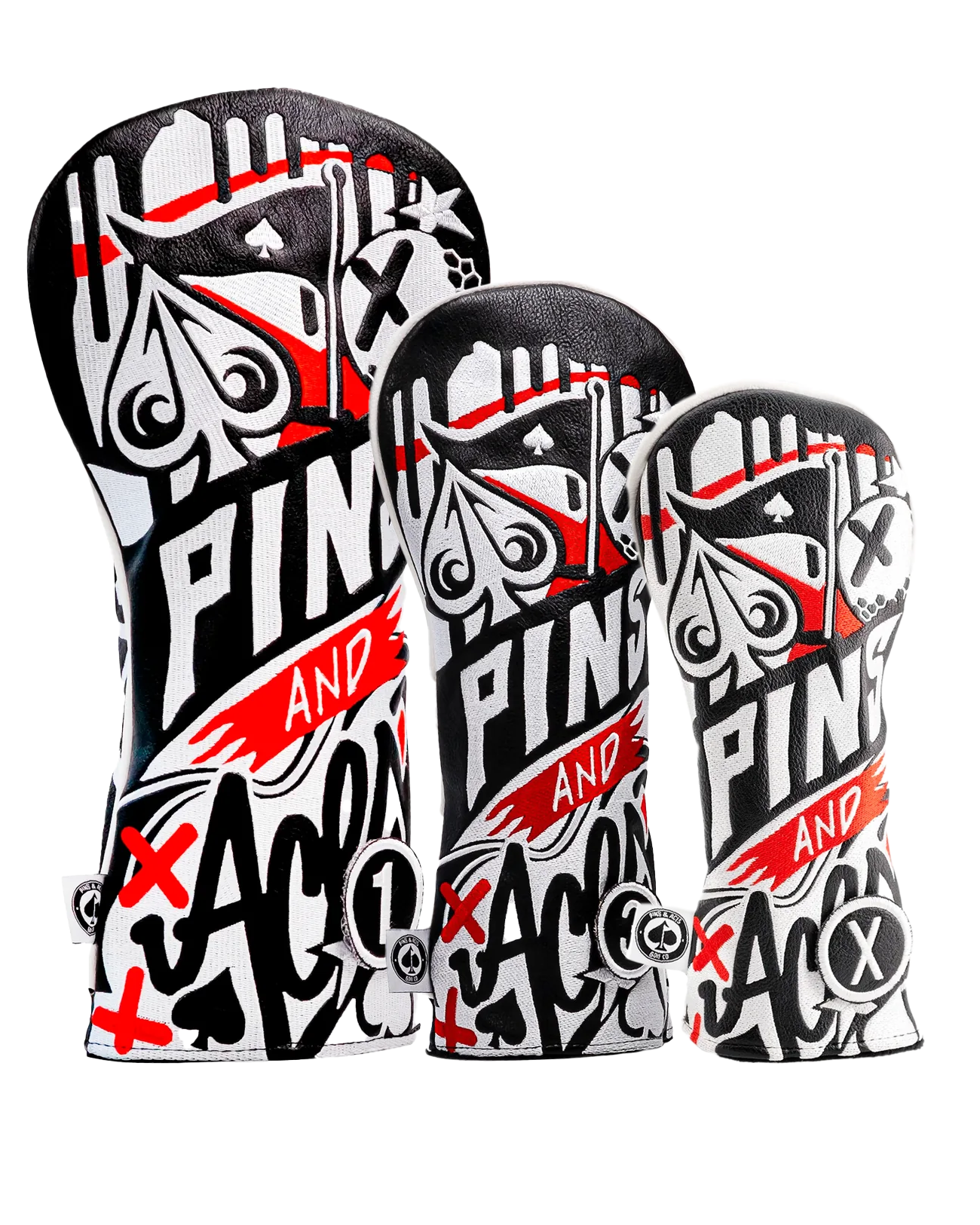 Bold graffiti-style headcover set featuring vibrant designs with "Pins and Aces" text, perfect for stylish golfers.