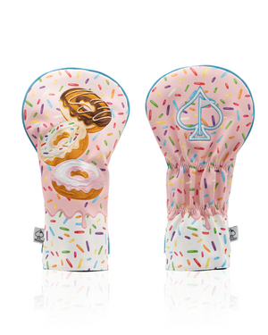 Colorful driver cover featuring a donut design with sprinkles and a logo, perfect for golfers who want to stand out.