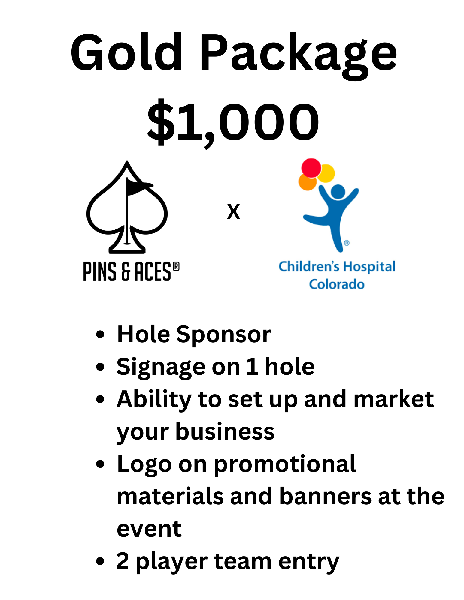 Gold package for Pins and Aces x Children's Hospital NICU Golf Tournament on June 2nd, featuring event details and sponsorship benefits.
