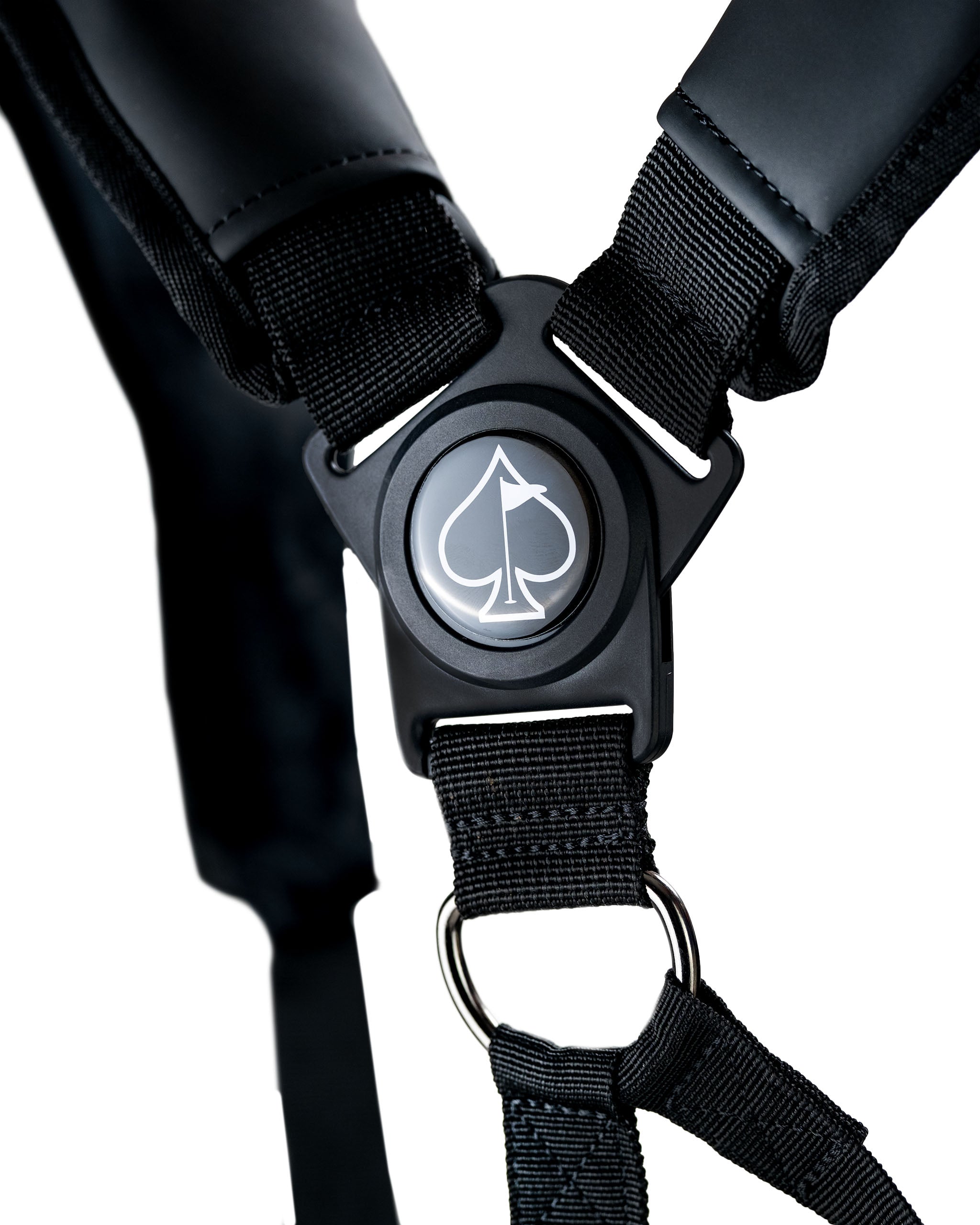 Close-up of a black golf headcover holder with a spade logo, featuring sturdy straps and metal ring for easy attachment.