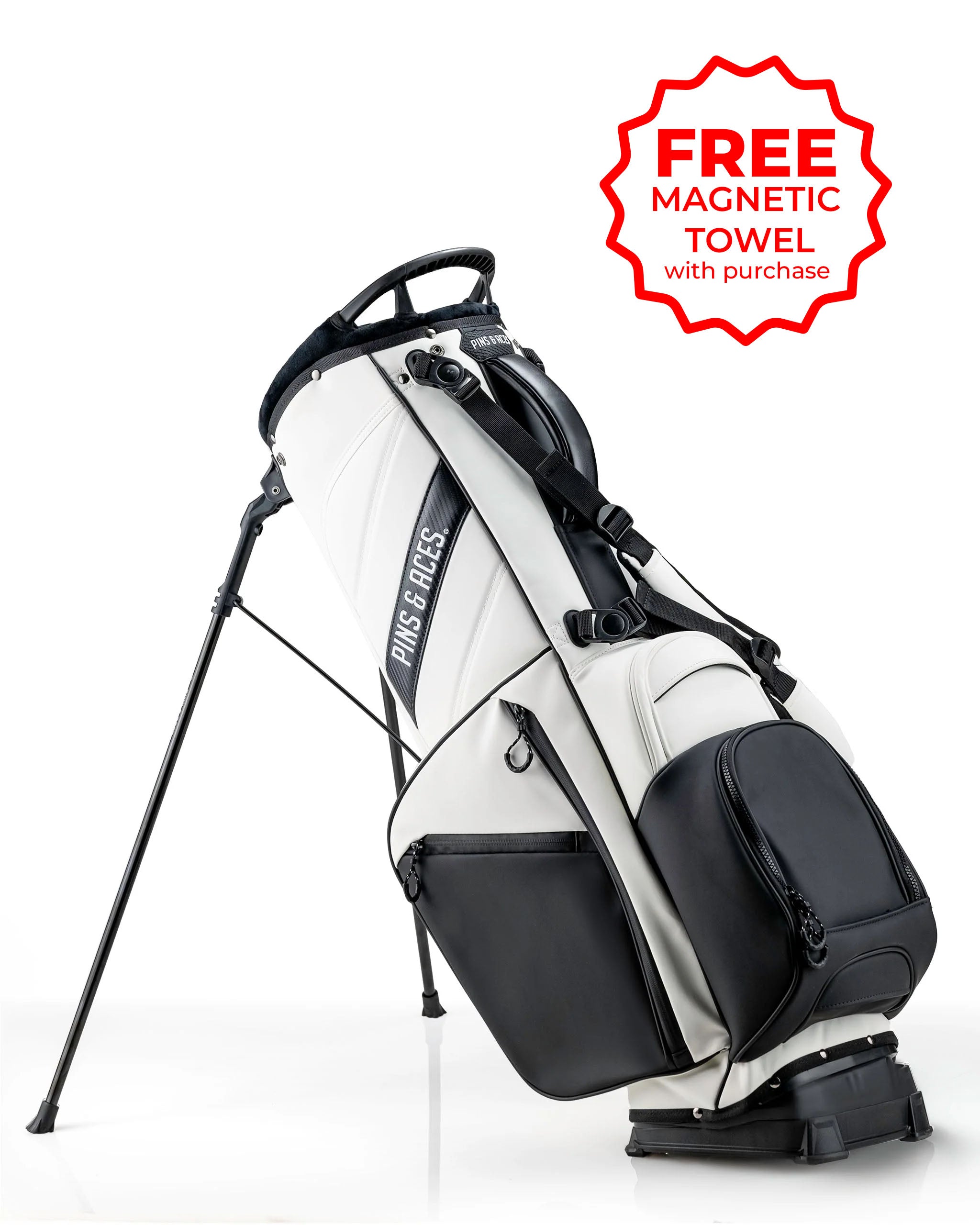 Player Preferred Golf Bag in white and black with stand, featuring a sleek design and a free magnetic towel offer.