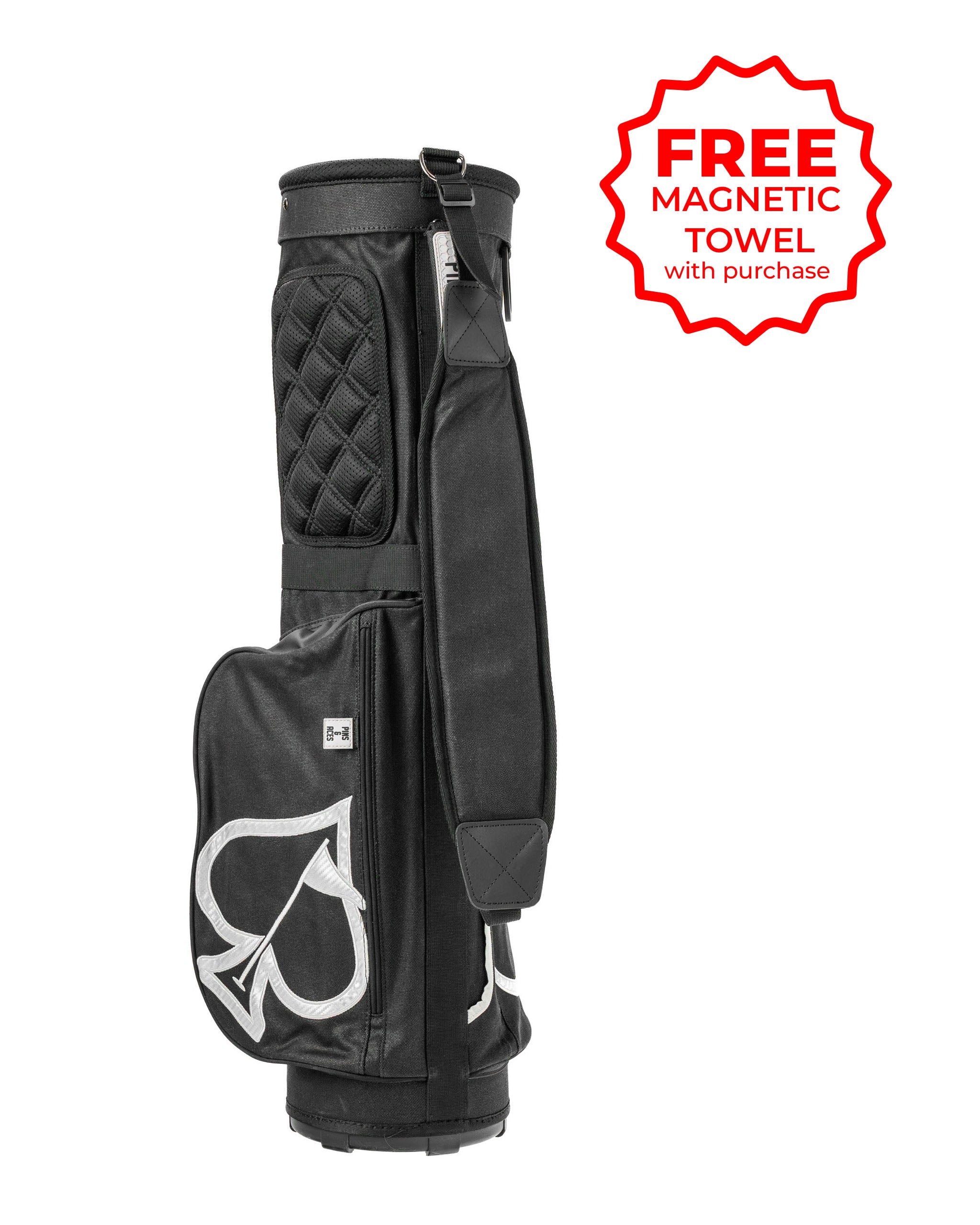 Stylish black Sunday golf bag featuring a quilted design and a large spade logo, with a free magnetic towel offer.