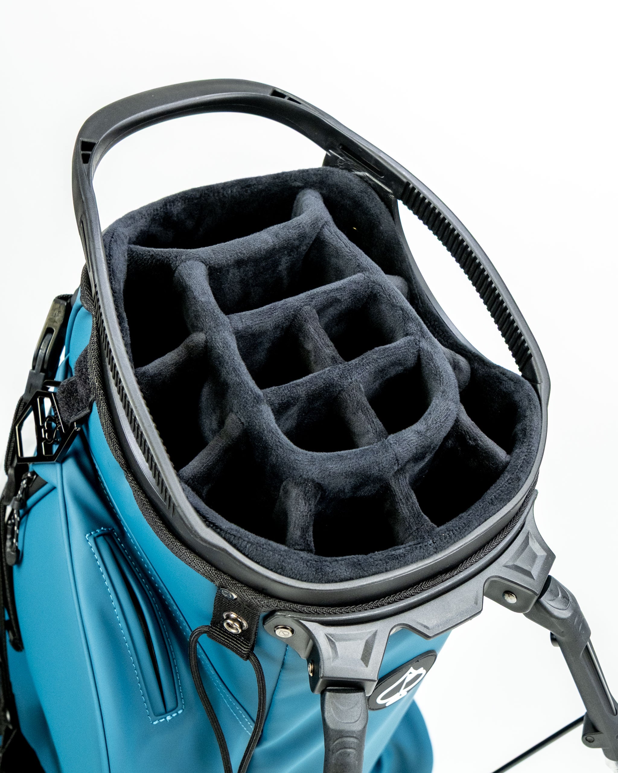 Top view of the Player Preferred Golf Bag in Sea Strike, showcasing the spacious, padded club divider and sleek design.