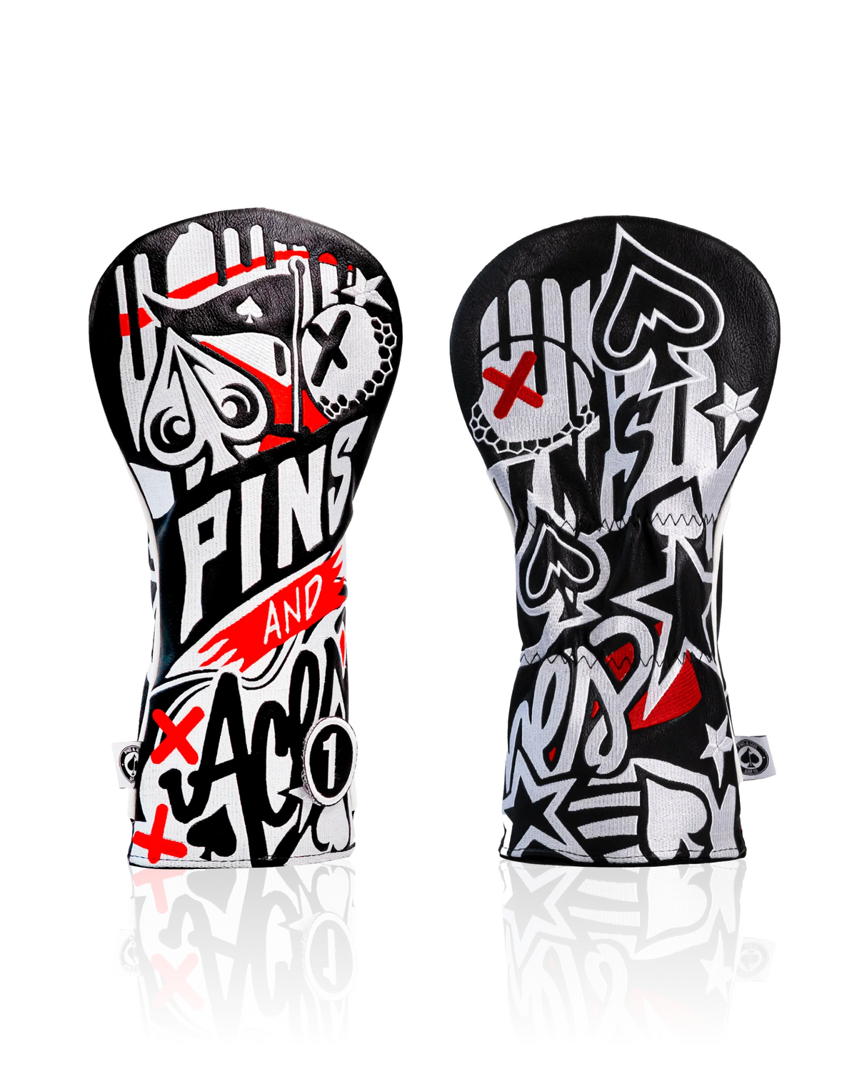 Bold graffiti-style driver cover featuring vibrant designs in red, black, and white, perfect for stylish golfers.