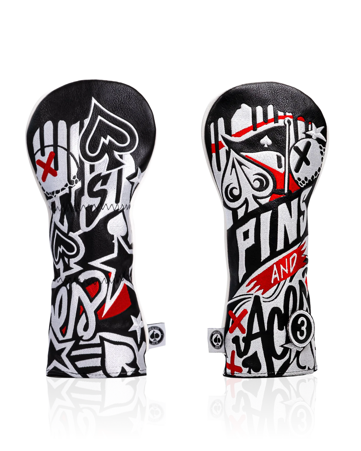 Bold graffiti-style fairway cover featuring black, red, and white designs with playful graphics for a standout golf accessory.