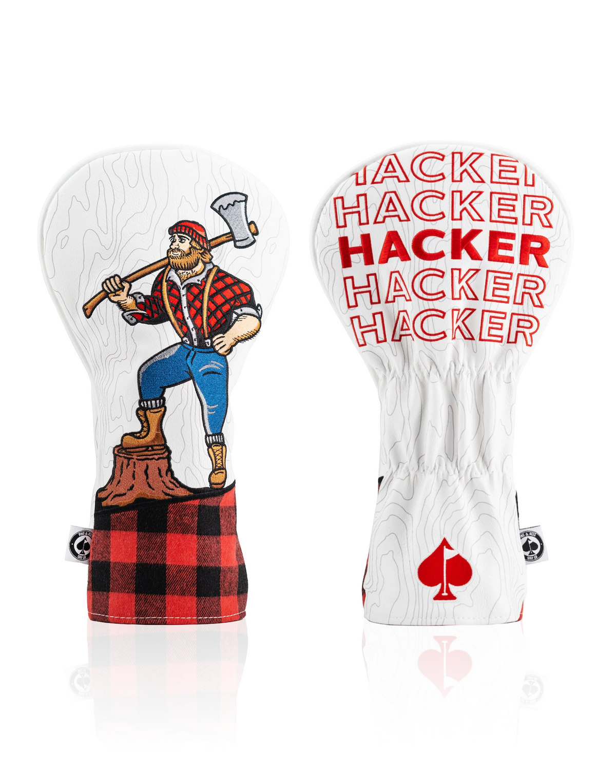 Bold driver cover featuring a lumberjack graphic and "HACKER" text, perfect for golfers wanting to stand out on the course.