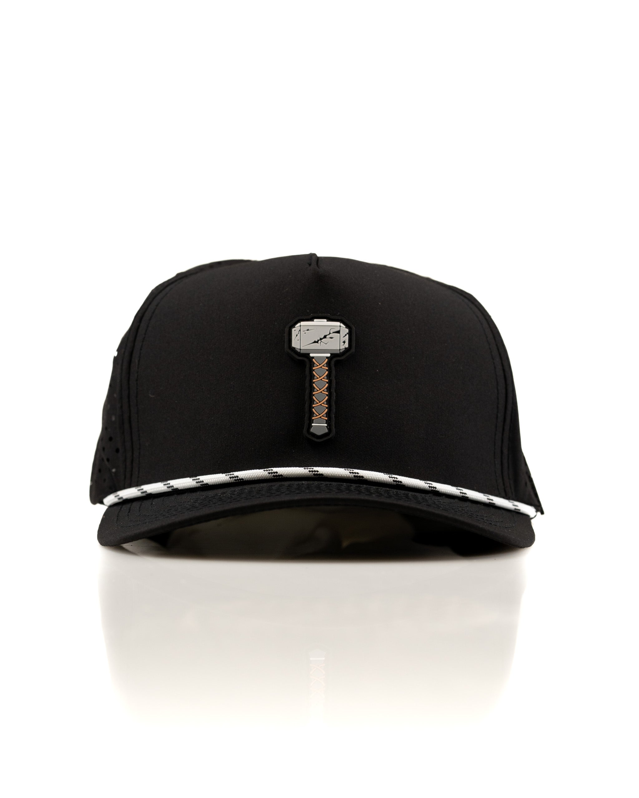 Bold black perforated rope hat featuring a striking Thor's Hammer design, perfect for golfers looking to make a statement.