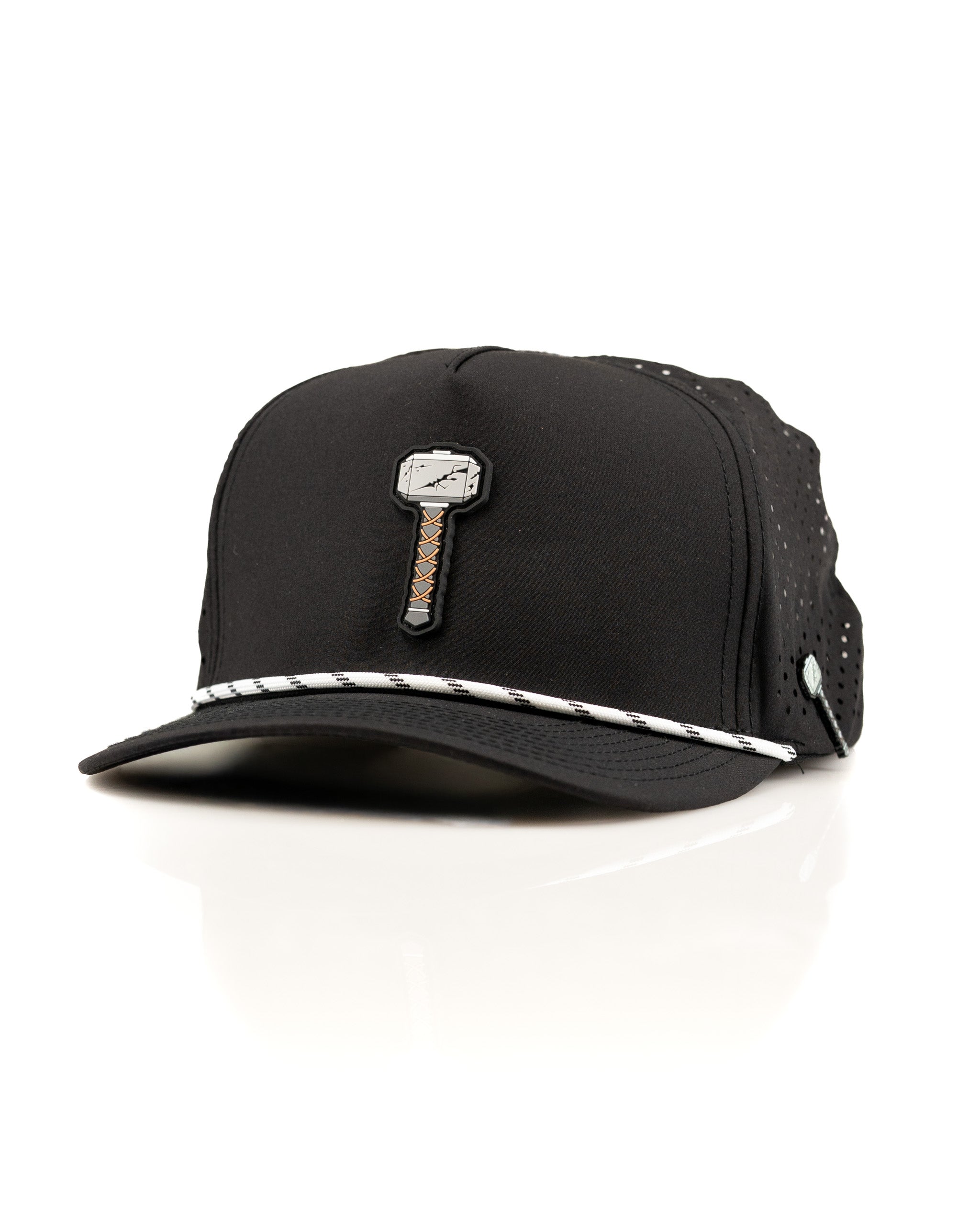 Black perforated rope hat featuring a Thor's Hammer design on the front, perfect for stylish golfers.