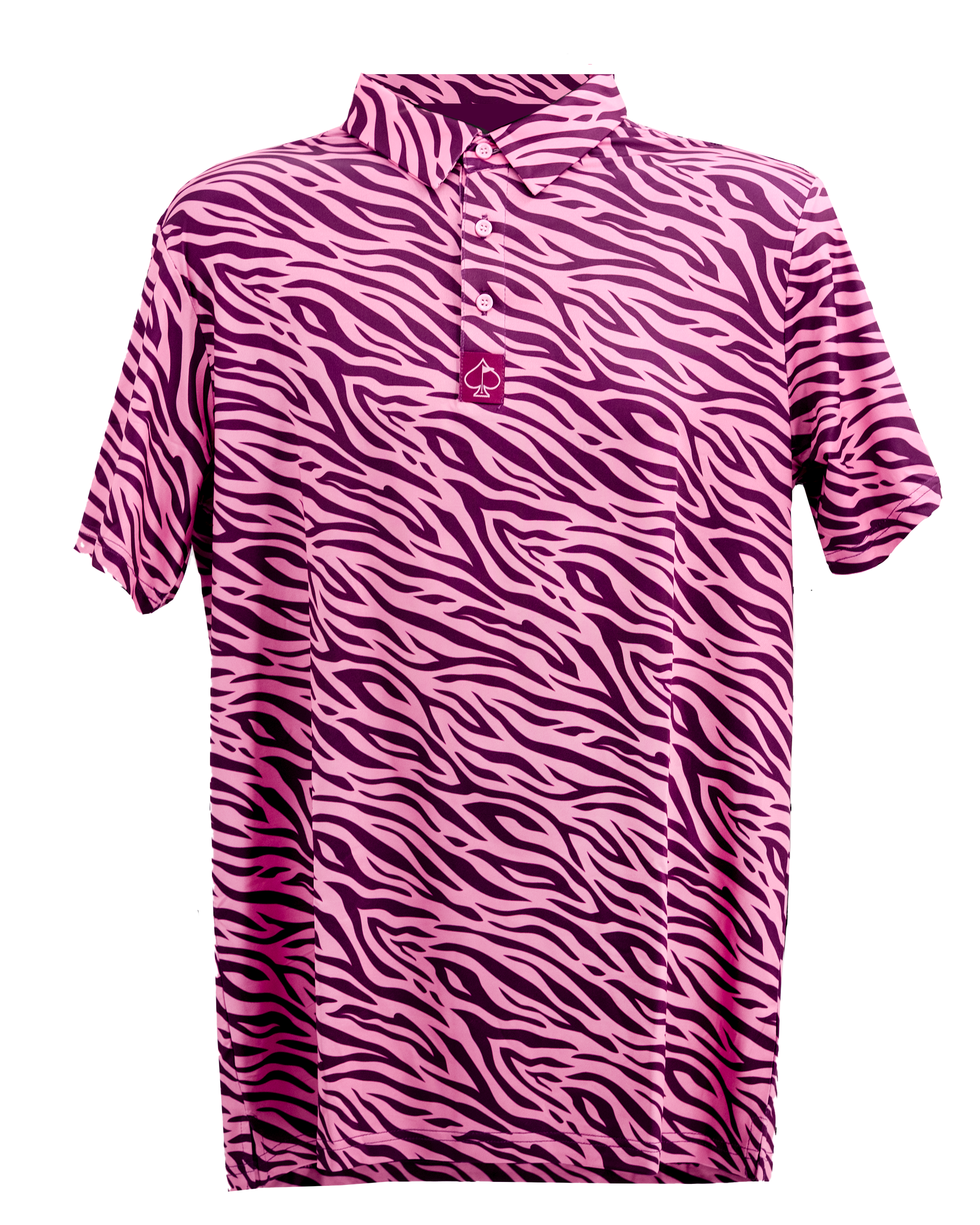 Pink and purple zebra-striped polo shirt, featuring a collar and three-button placket, stylish and vibrant design.