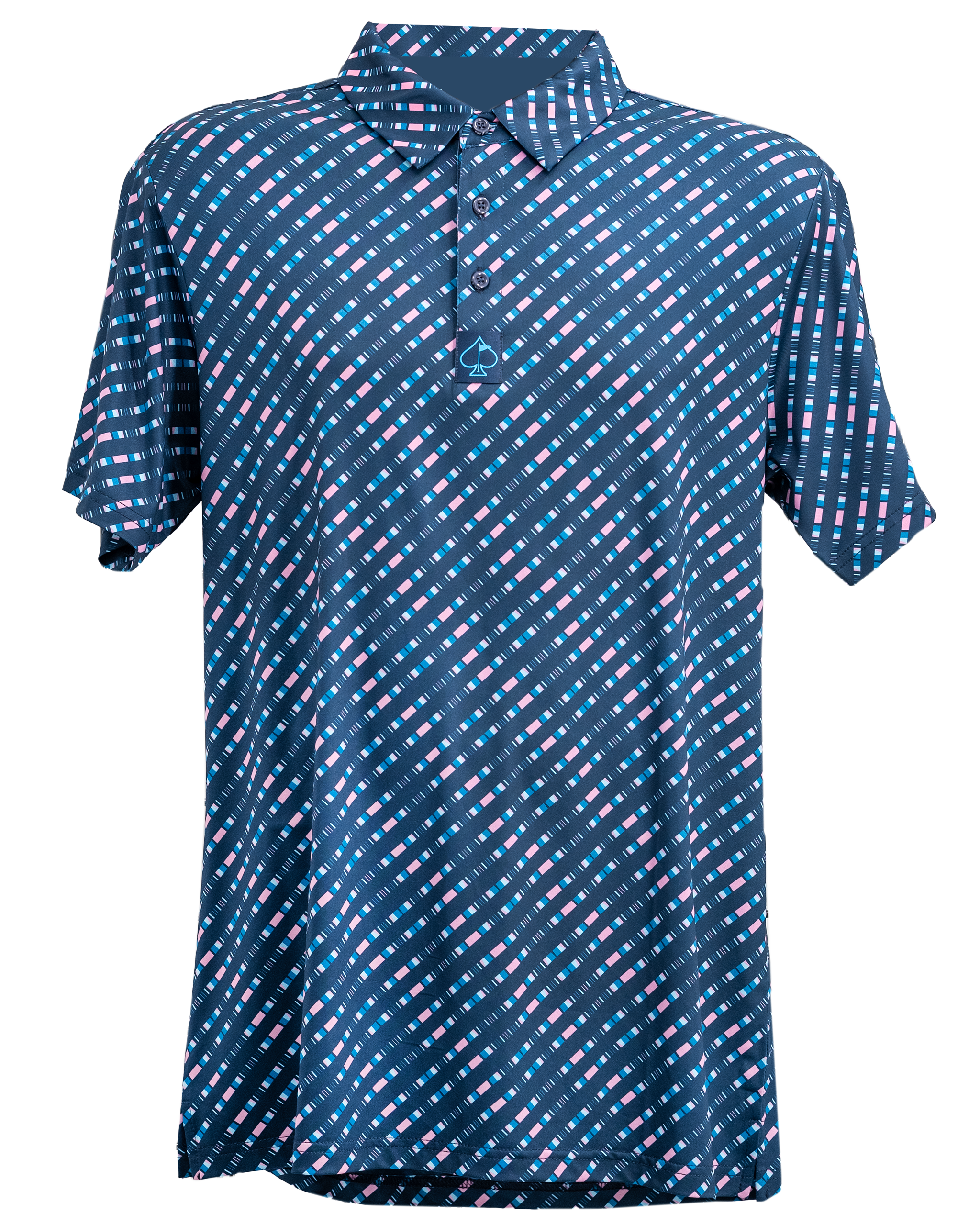 Chromo Blue hanging polo shirt on a white background.