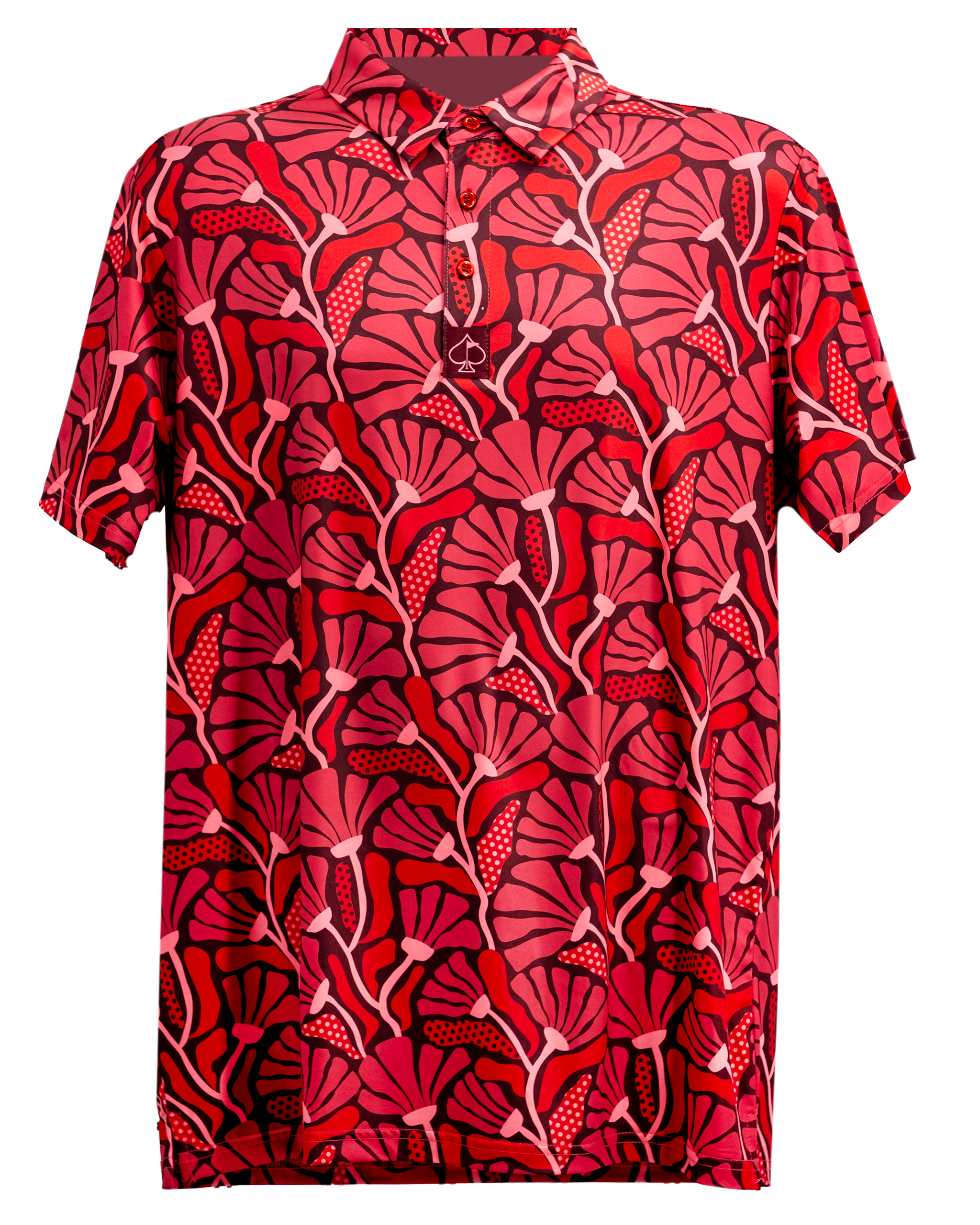 Alt text: Garden Party Crimson Bloom floral print design on a hanging polo shirt.