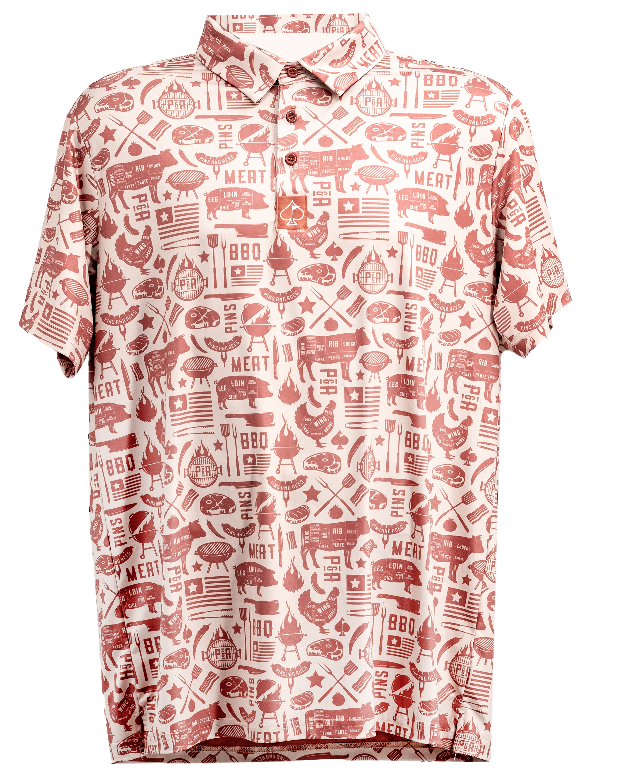 Pitmaster graphic polo shirt featuring a barbecue design and vibrant colors.