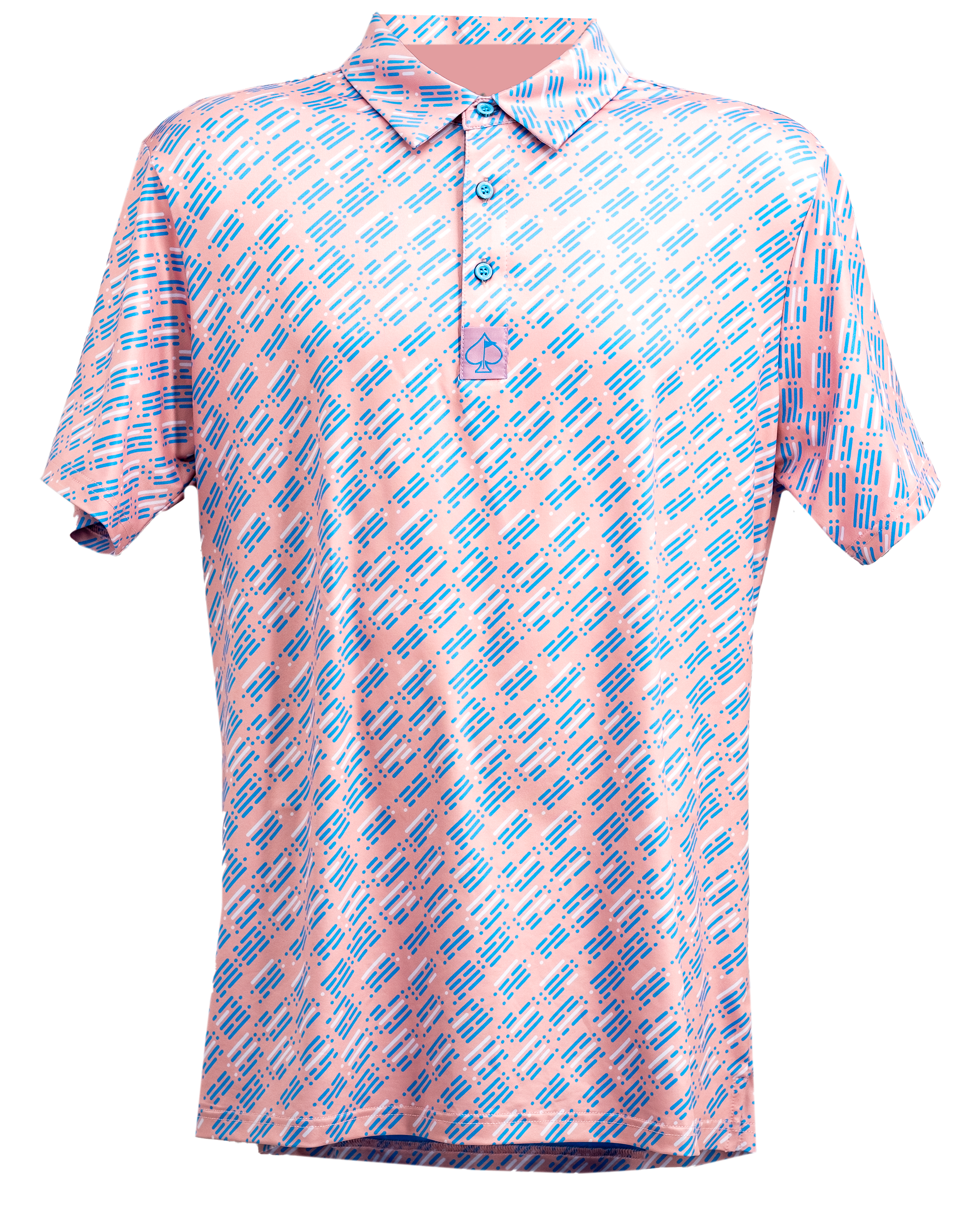 Skyline Dash Pink polo shirt hanging against a neutral background.