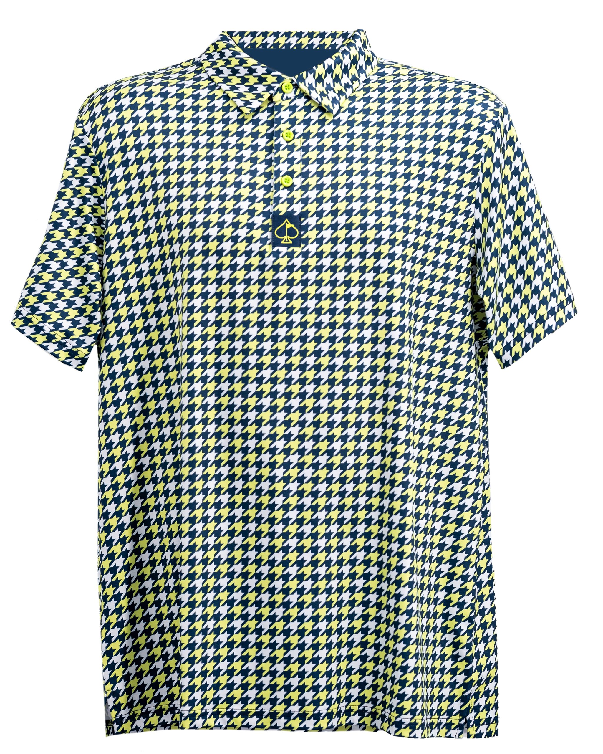 Houndstooth pattern polo shirt in lime green color displayed against a white background.