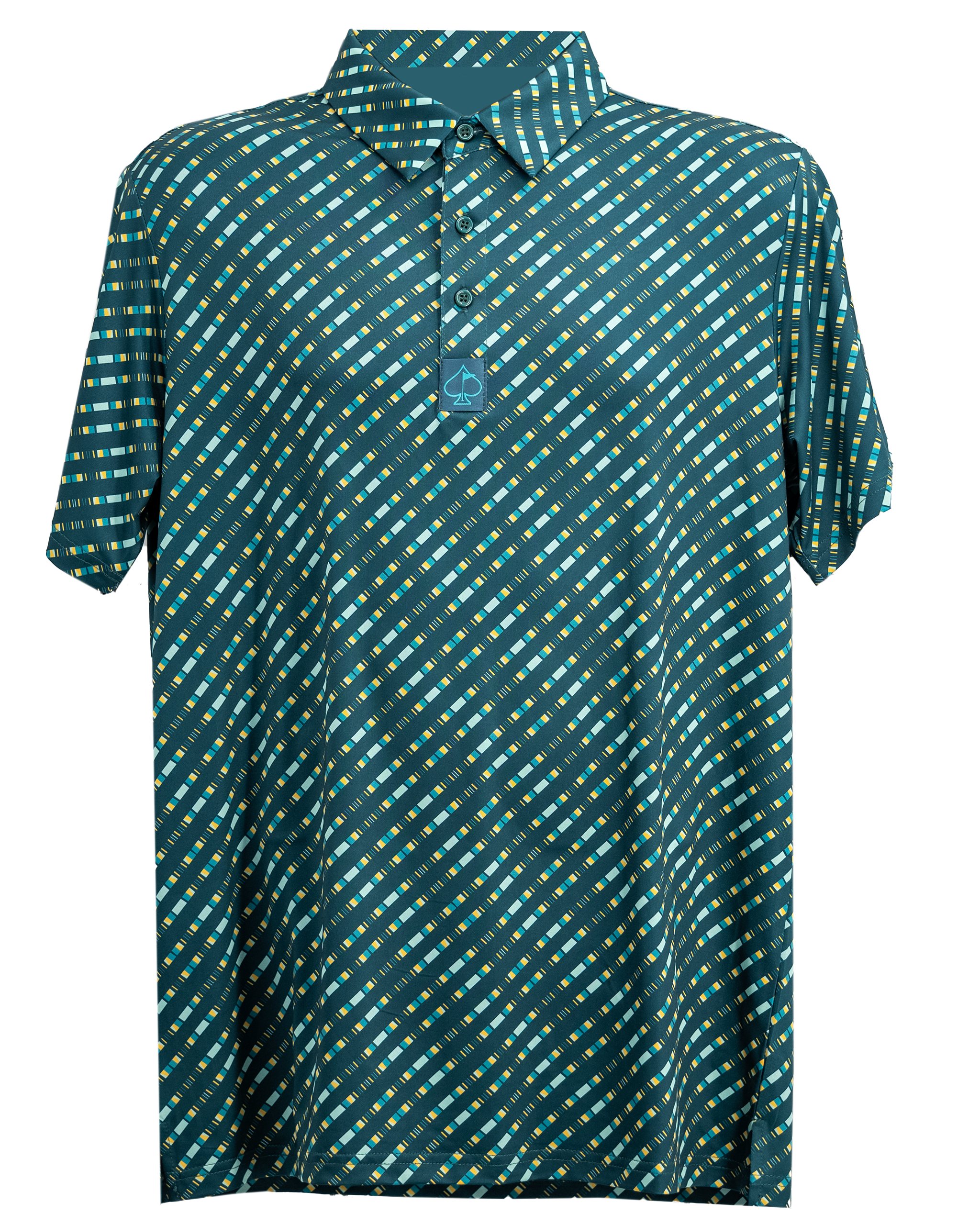 Chromo Green hanging polo shirt on a white background.