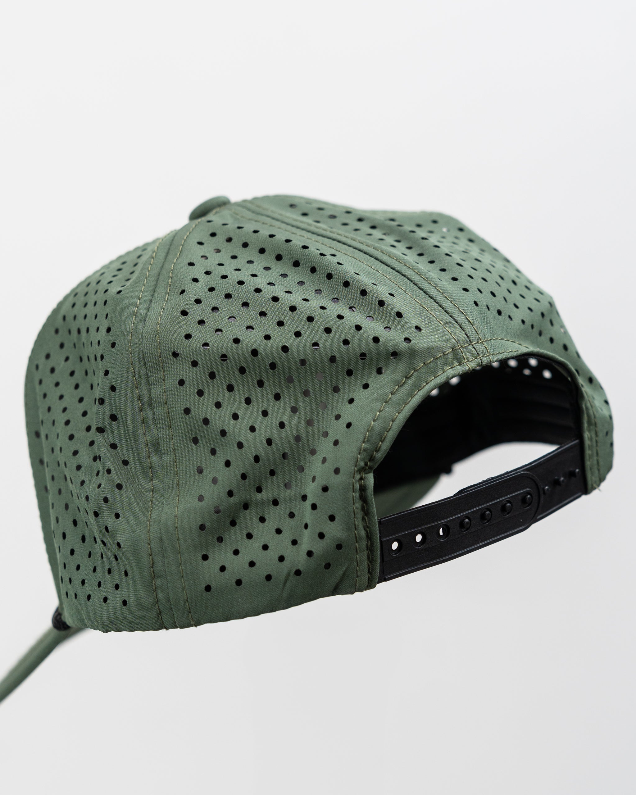 Perforated olive green rope hat with a snapback closure.