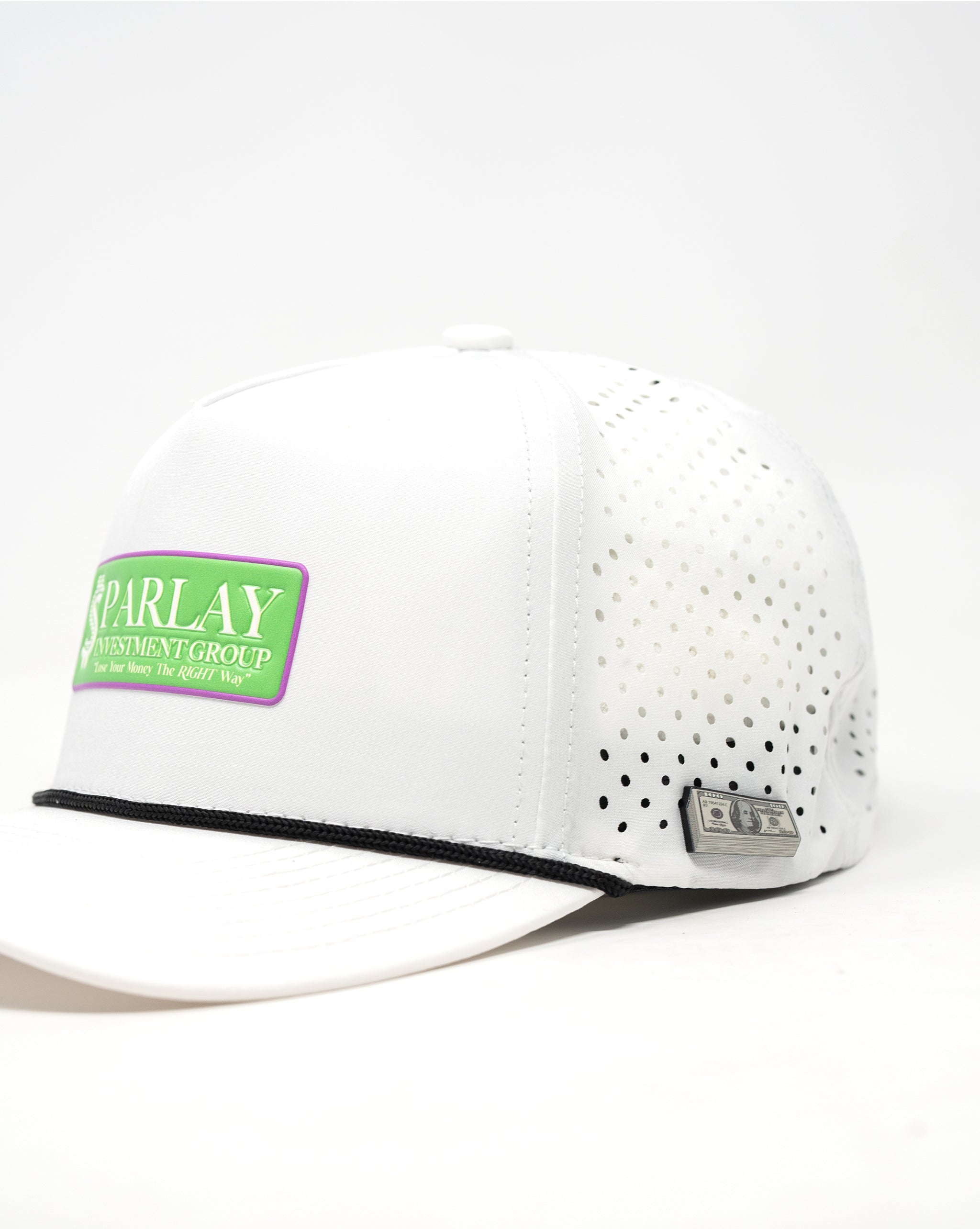Perforated white rope hat featuring Parlay Investment Group logo and custom patch details.