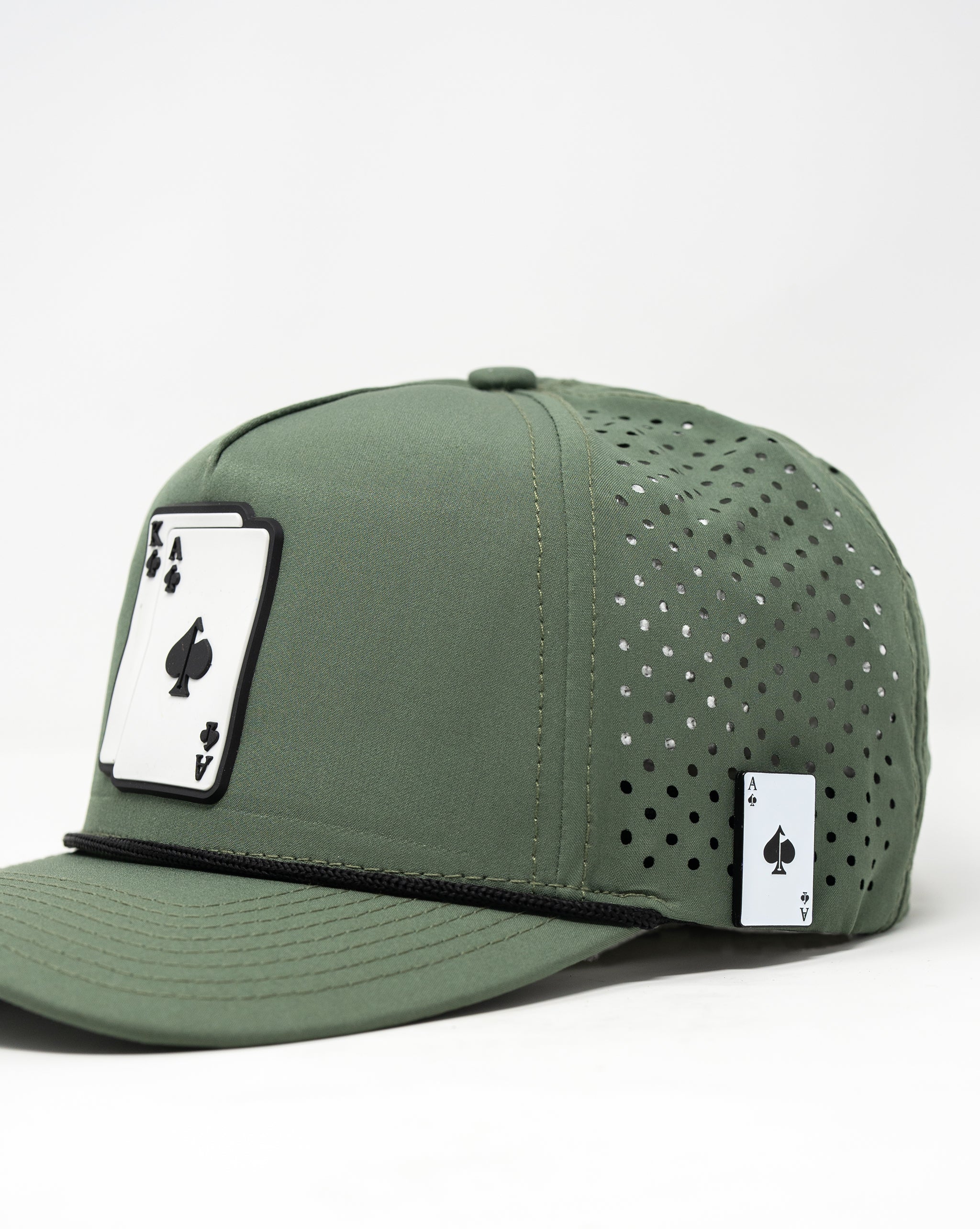 Perforated olive green rope hat with AK logo, featuring a stylish design and adjustable fit.