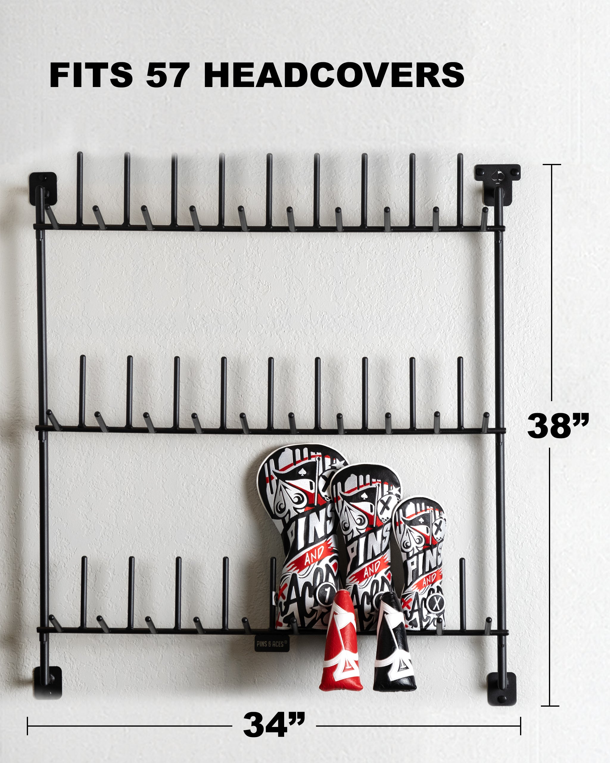 "Wooden headcover rack with six slots for organizing golf headcovers, featuring a sleek design with a natural finish."