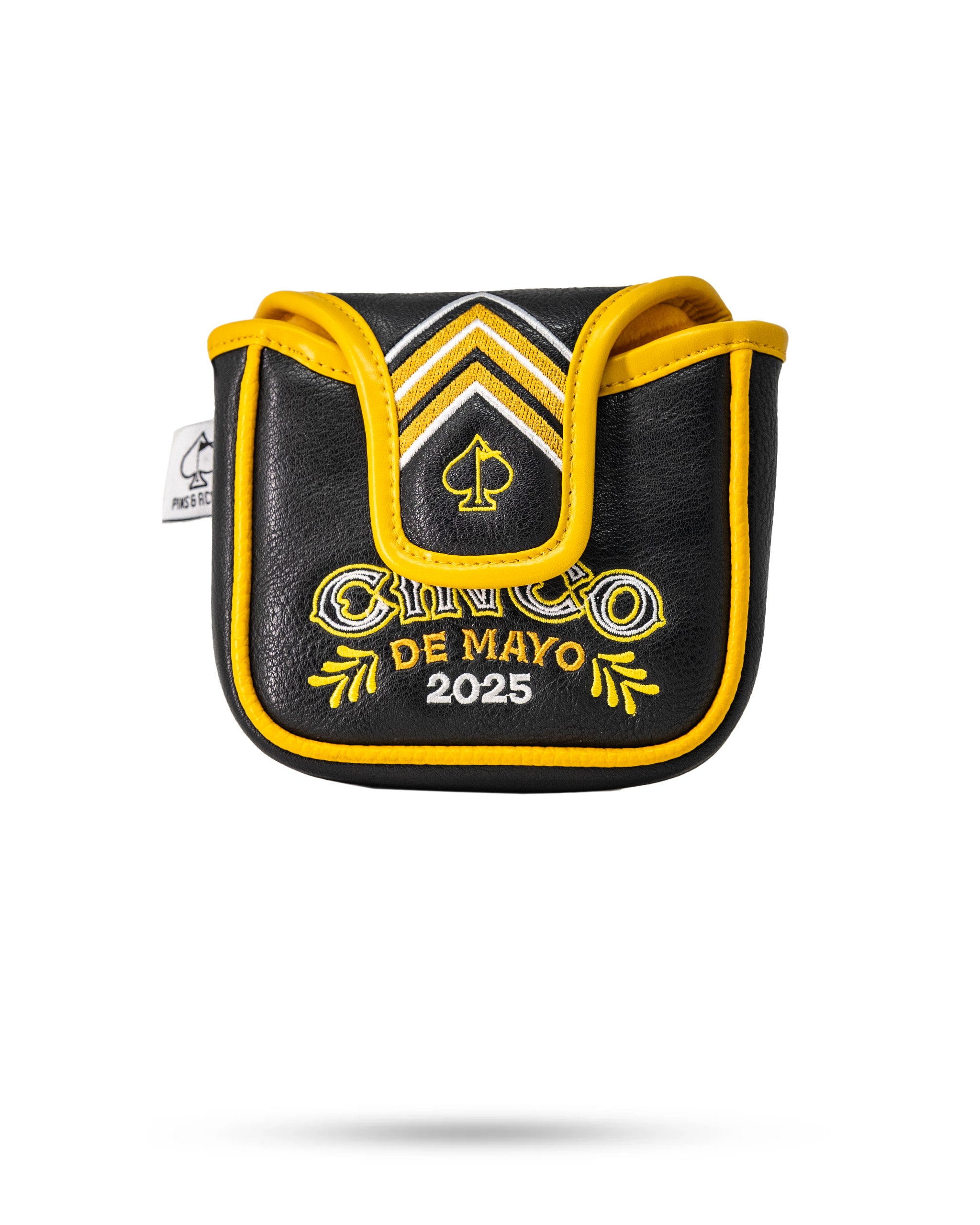 Lucha Libre mask-themed mallet putter cover in black and yellow with embroidered details for Cinco de Mayo 2025.