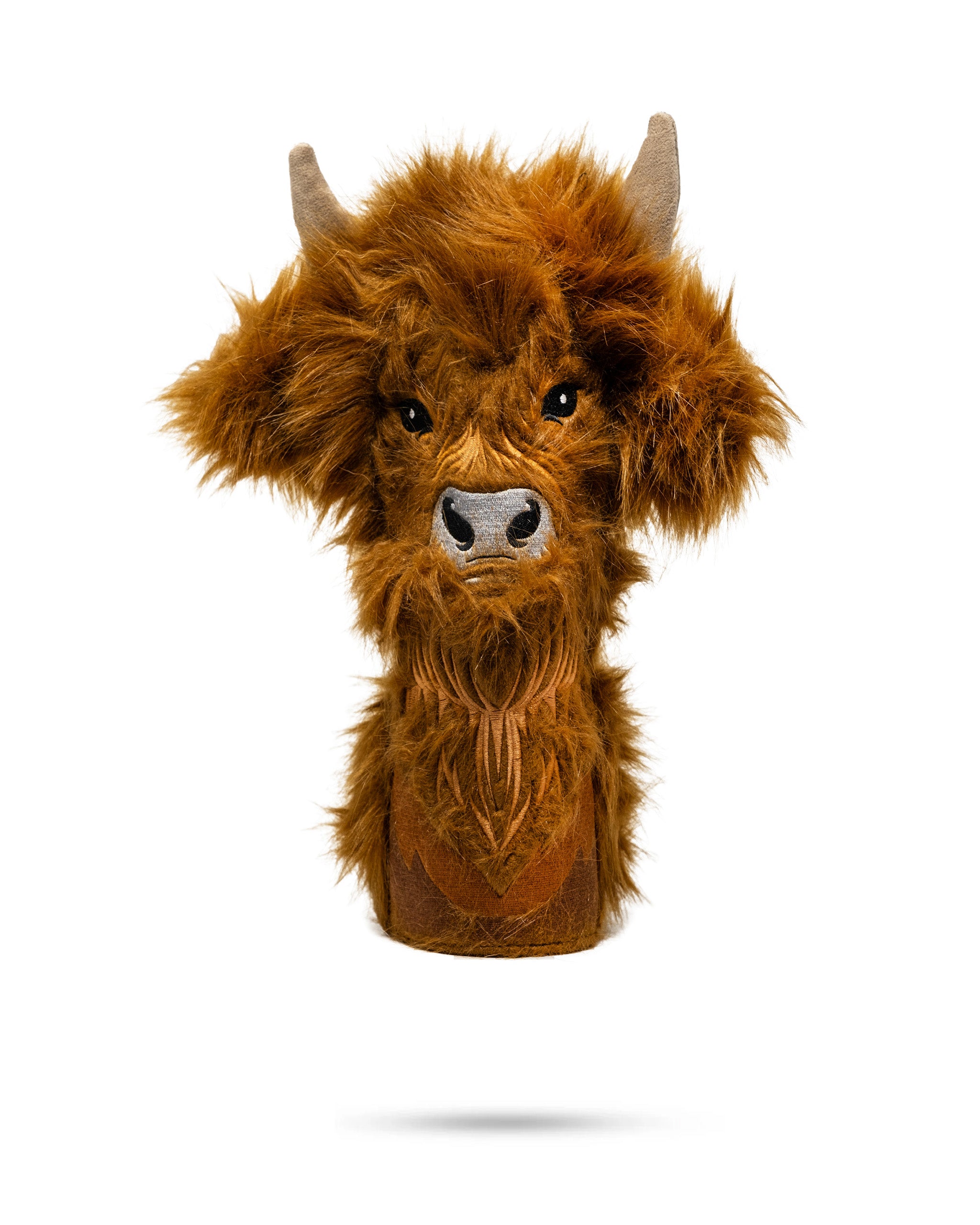 Highland cow fairway golf headcover with intricate detailing and plush fabric.