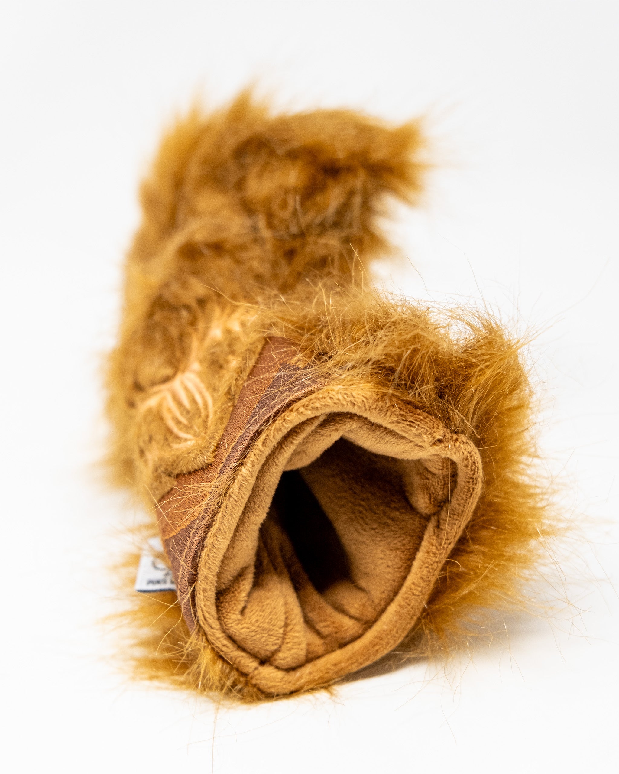 Highland Cow hybrid golf club cover with faux fur and leather details, designed to resemble a Highland cow's head.