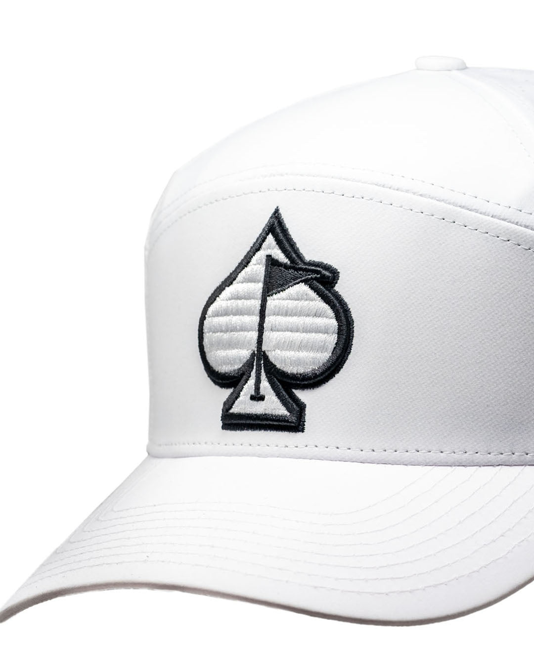 White Tradesman Hat with a structured front and mesh back, featuring a spade logo detail.